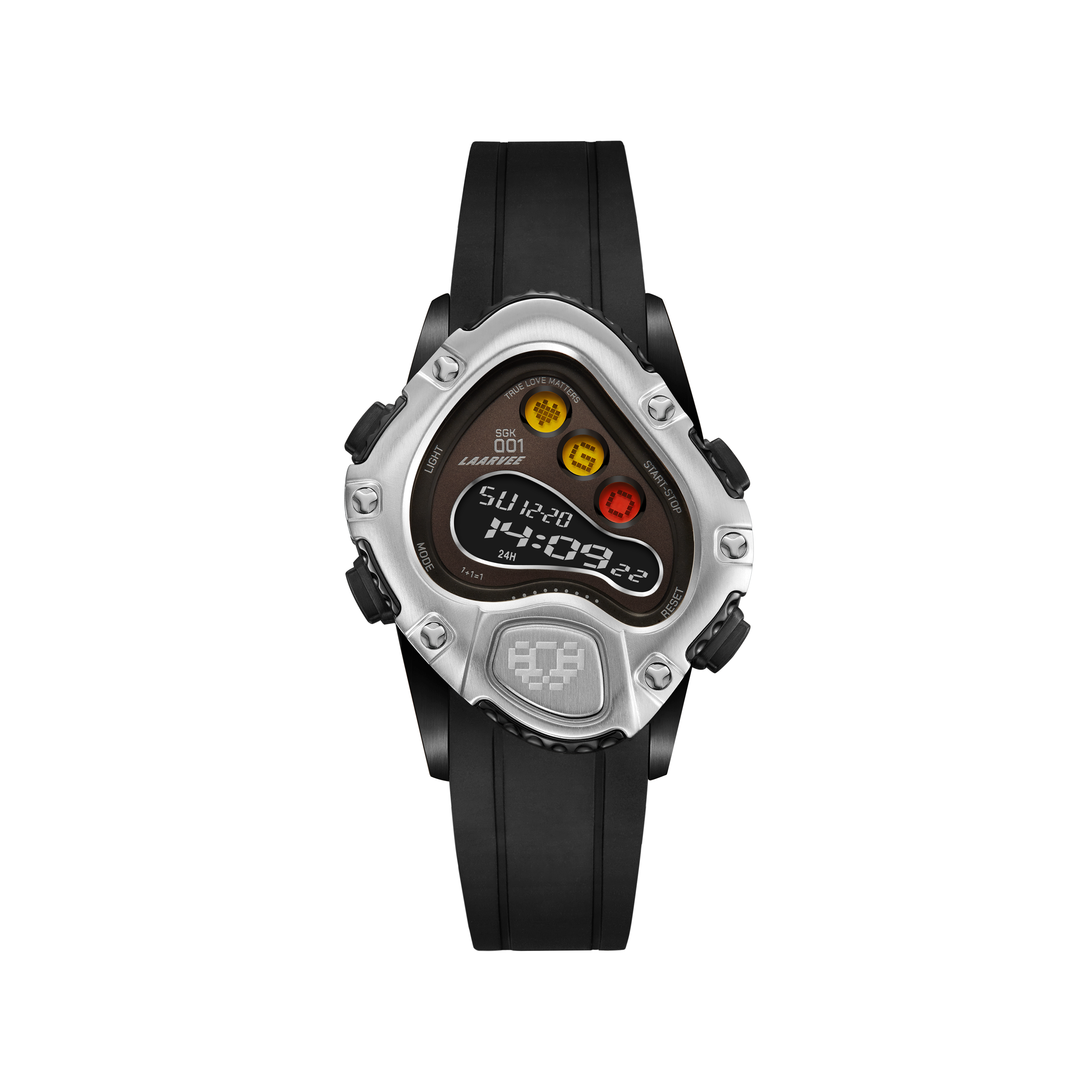 Laarvee SINNGOUKI SGK001R-BLKSVRBLK digital watch front view with black brushed stainless steel case, silver bezel, and EL backlit LCD display