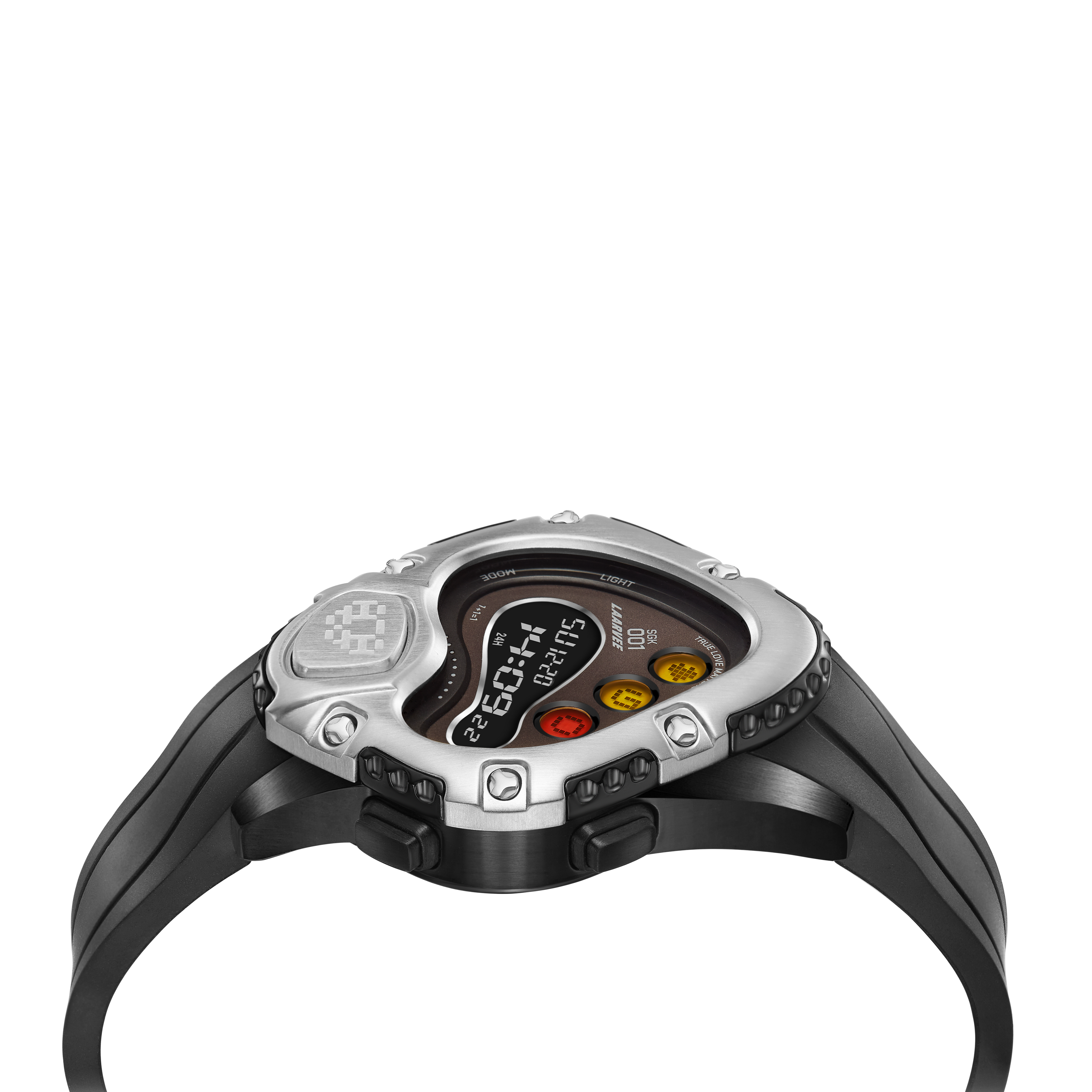 Side profile of SINNGOUKI SGK001R-BLKSVRBLK showcasing the streamlined case, control buttons, and robust strap attachment