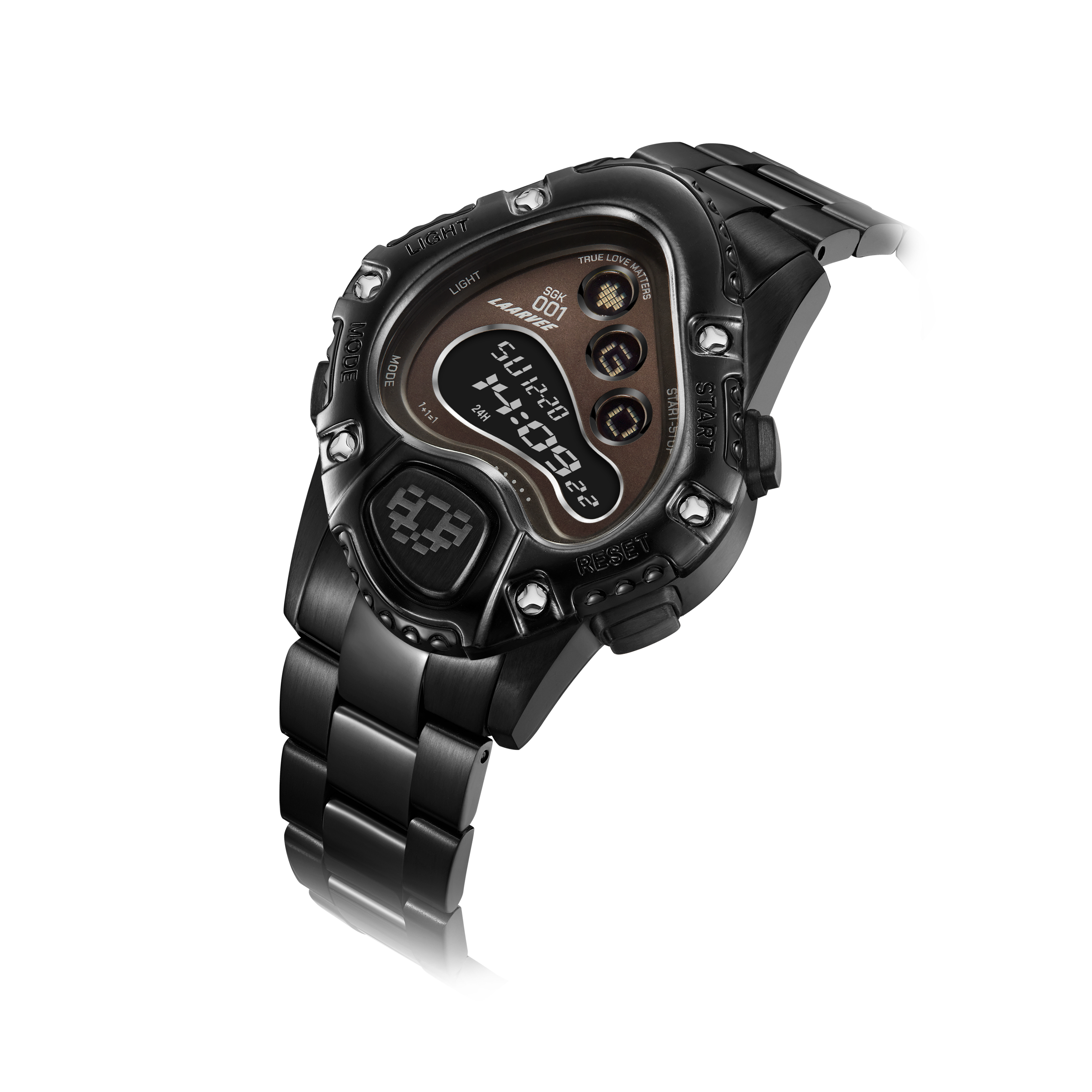 Angled shot of SGK001R-PBBLKBLK highlighting brushed black stainless steel case and integrated bracelet