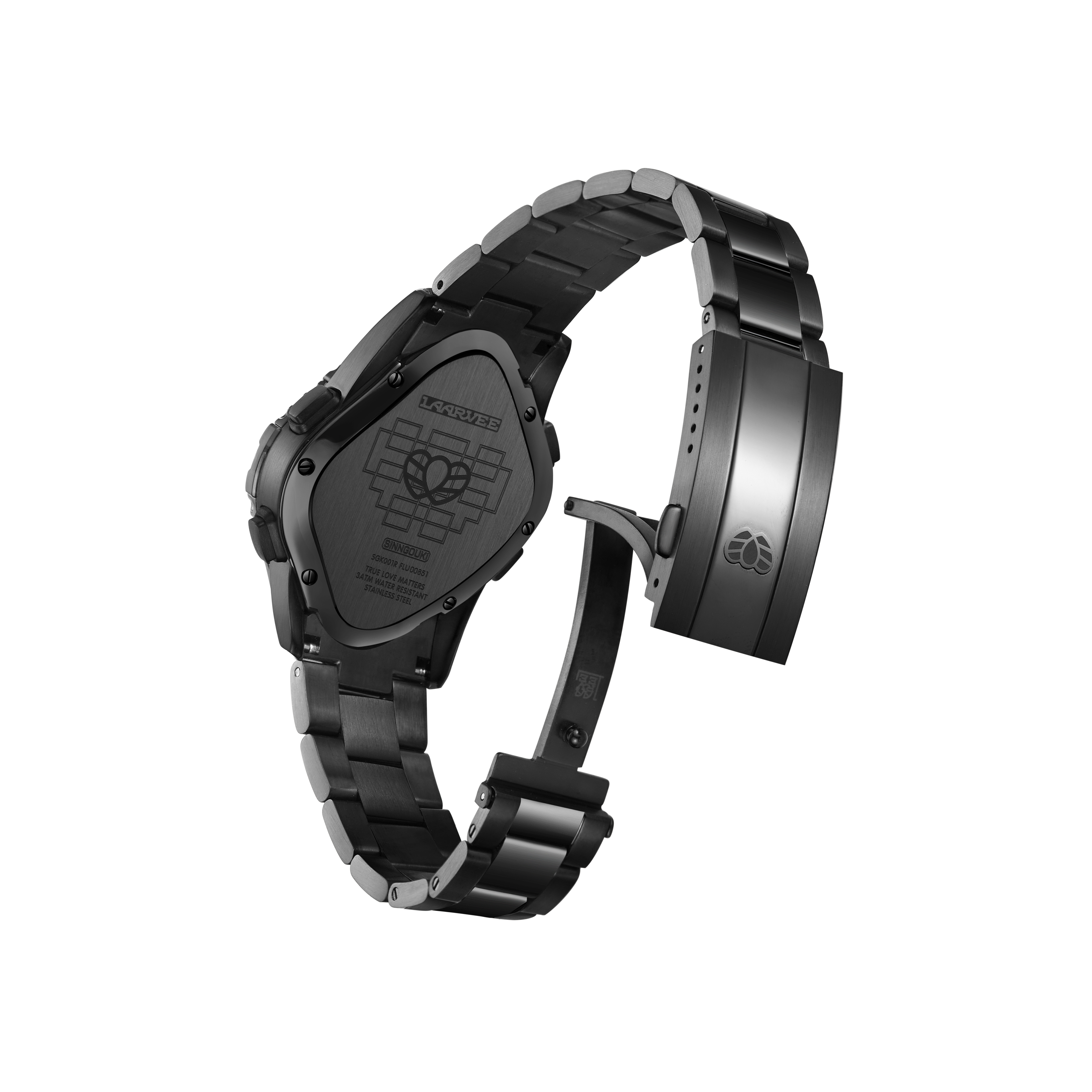 Close-up of illuminated EL backlit LCD interface on Laarvee SGK001R-PBBLKBLK digital watch