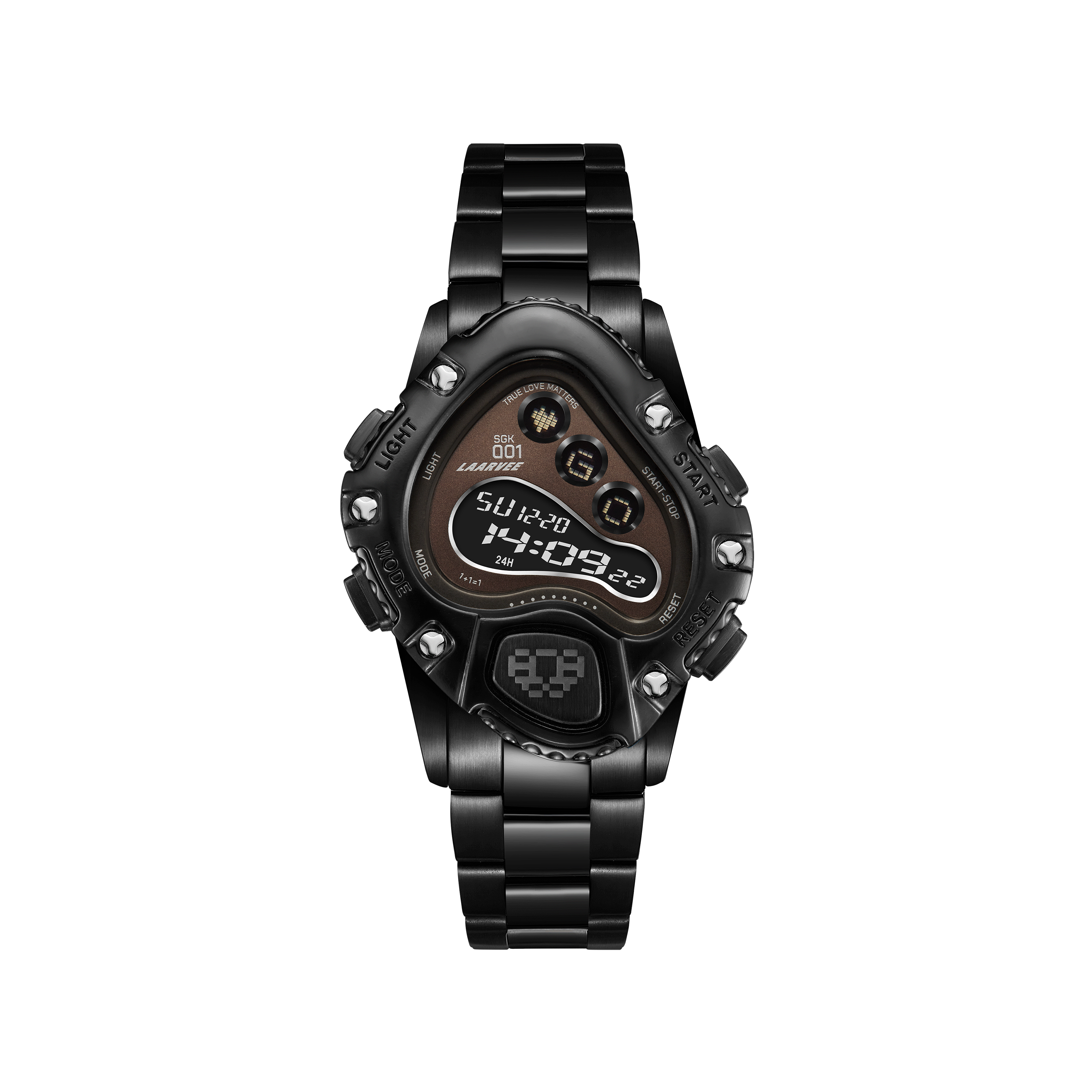Front view of Laarvee SINNGOUKI SGK001R-PBBLKBLK black with brown dial digital watch with EL backlit LCD display