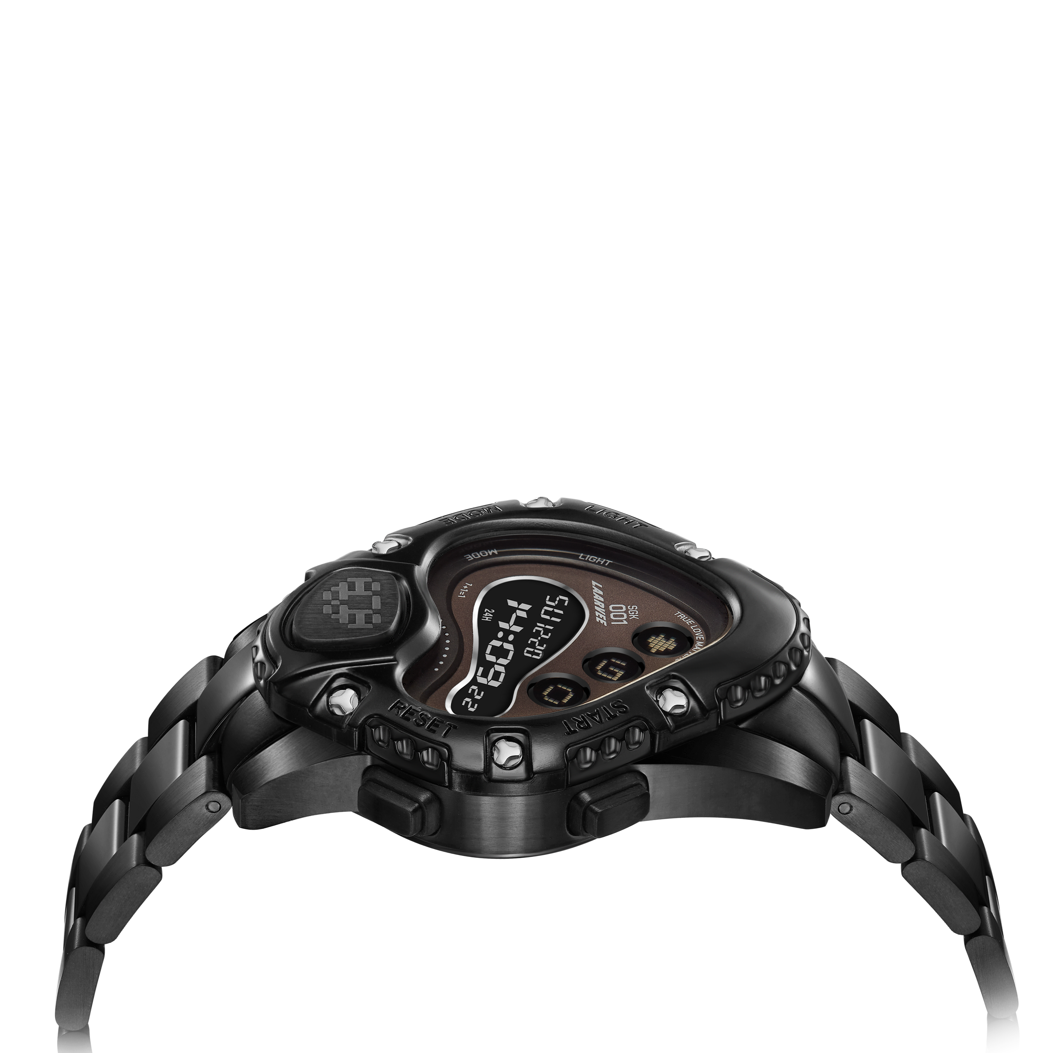 Side profile of SINNGOUKI SGK001R-PBBLKBLK showing slim case, control buttons, and strap attachment