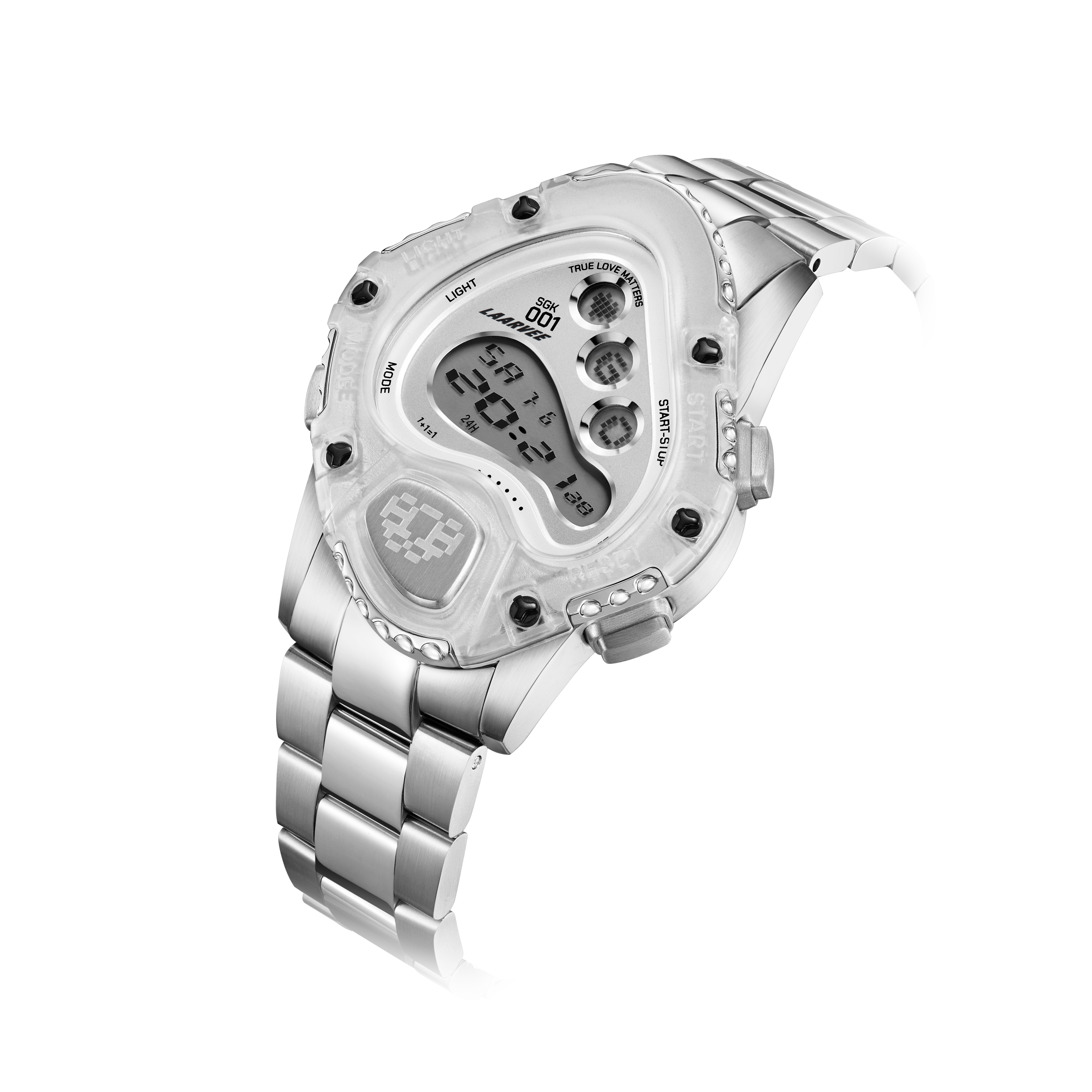 Angled view of SGK001R-PBTRWHTSVR highlighting warped LCD display and designer digital watch aesthetic