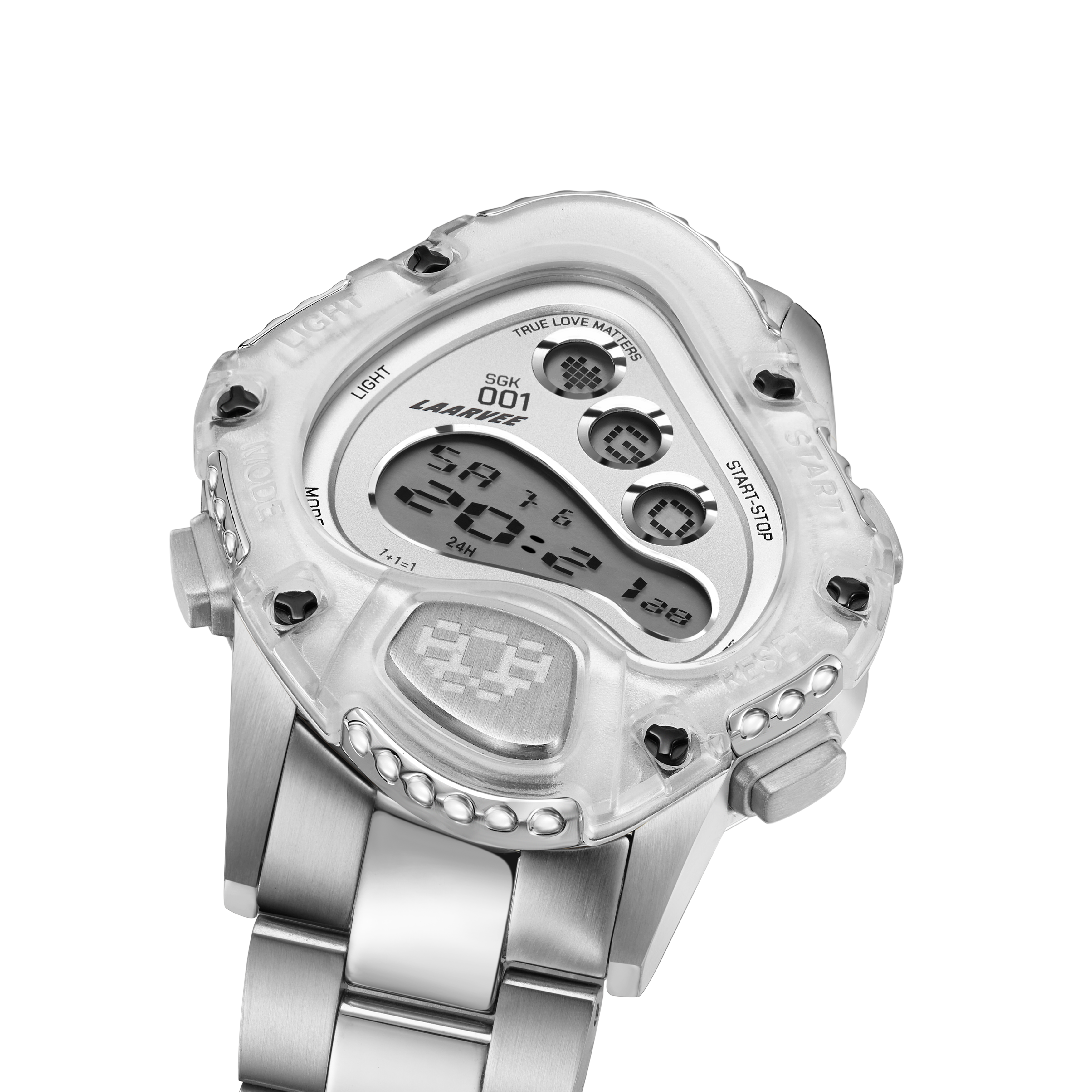 Close-up of SGK001R-PBTRWHTSVR translucent bezel and white digital dial with silver-colored metal trims