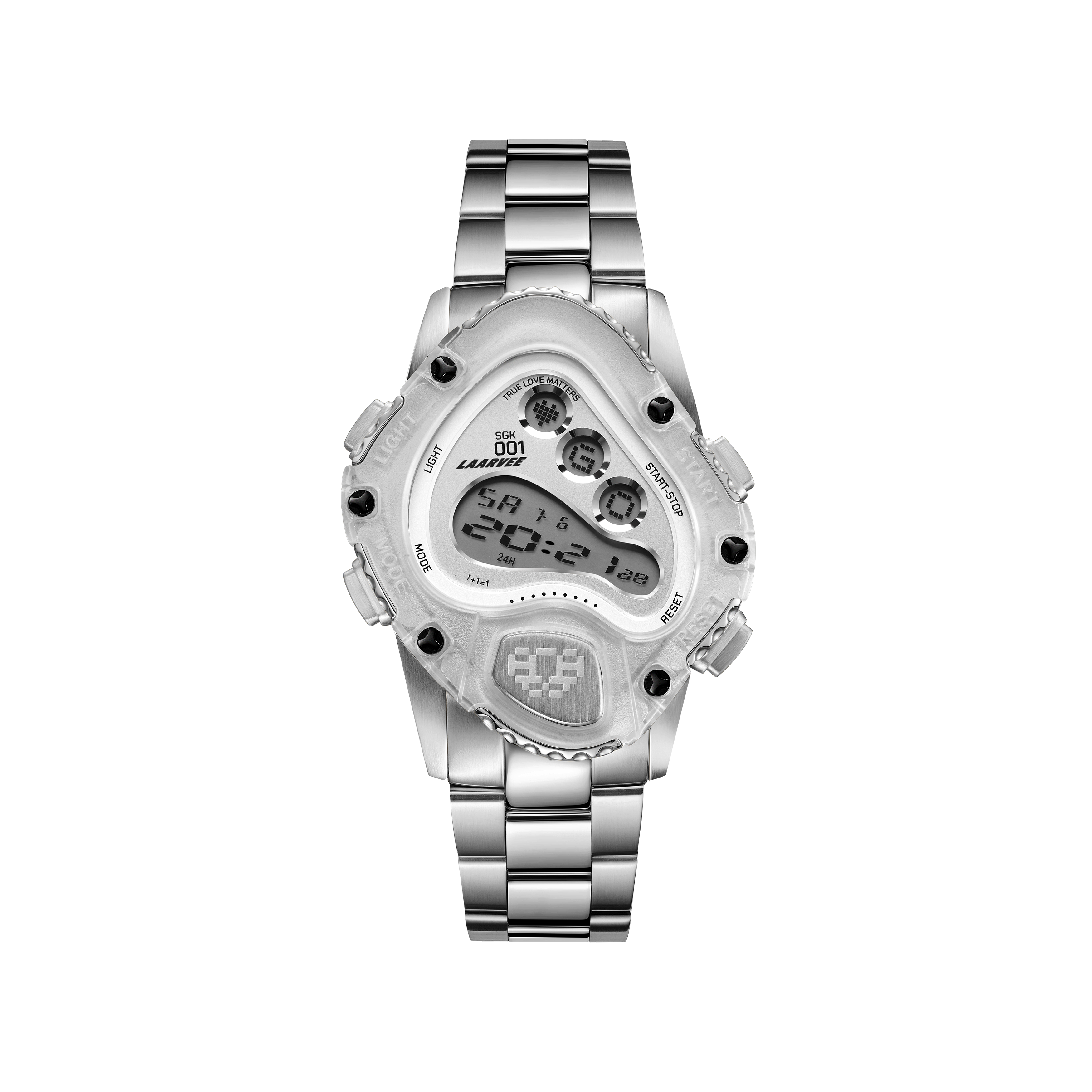 Laarvee SGK001R-PBTRWHTSVR digital watch front view with white stainless steel case and translucent bezel