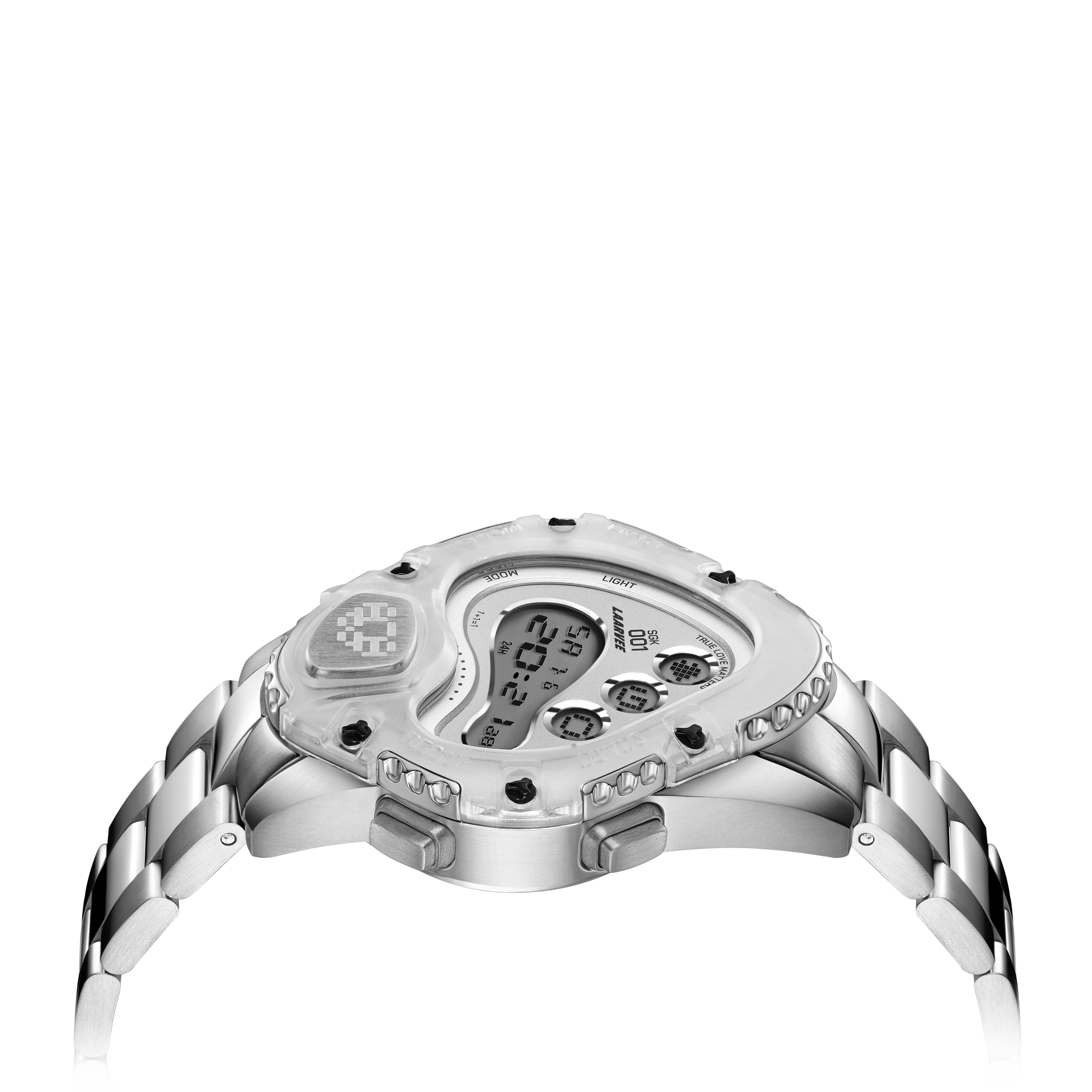 Side profile of SGK001R-PBTRWHTSVR showing streamlined stainless steel bracelet and plastic bezel edge