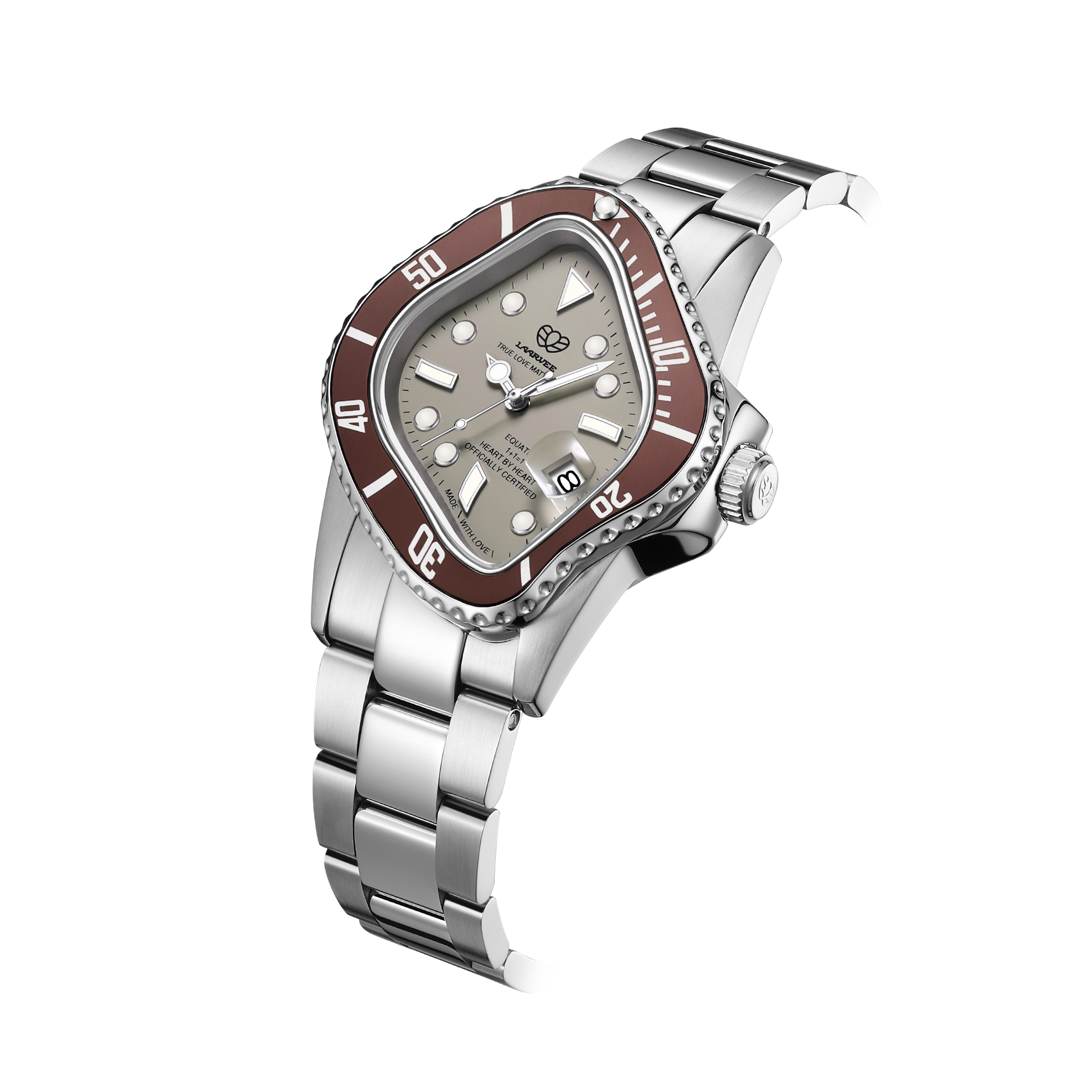Three-quarter view of PEA001-BRCRM showcasing MAD Brushed Silver case finish and polished bracelet