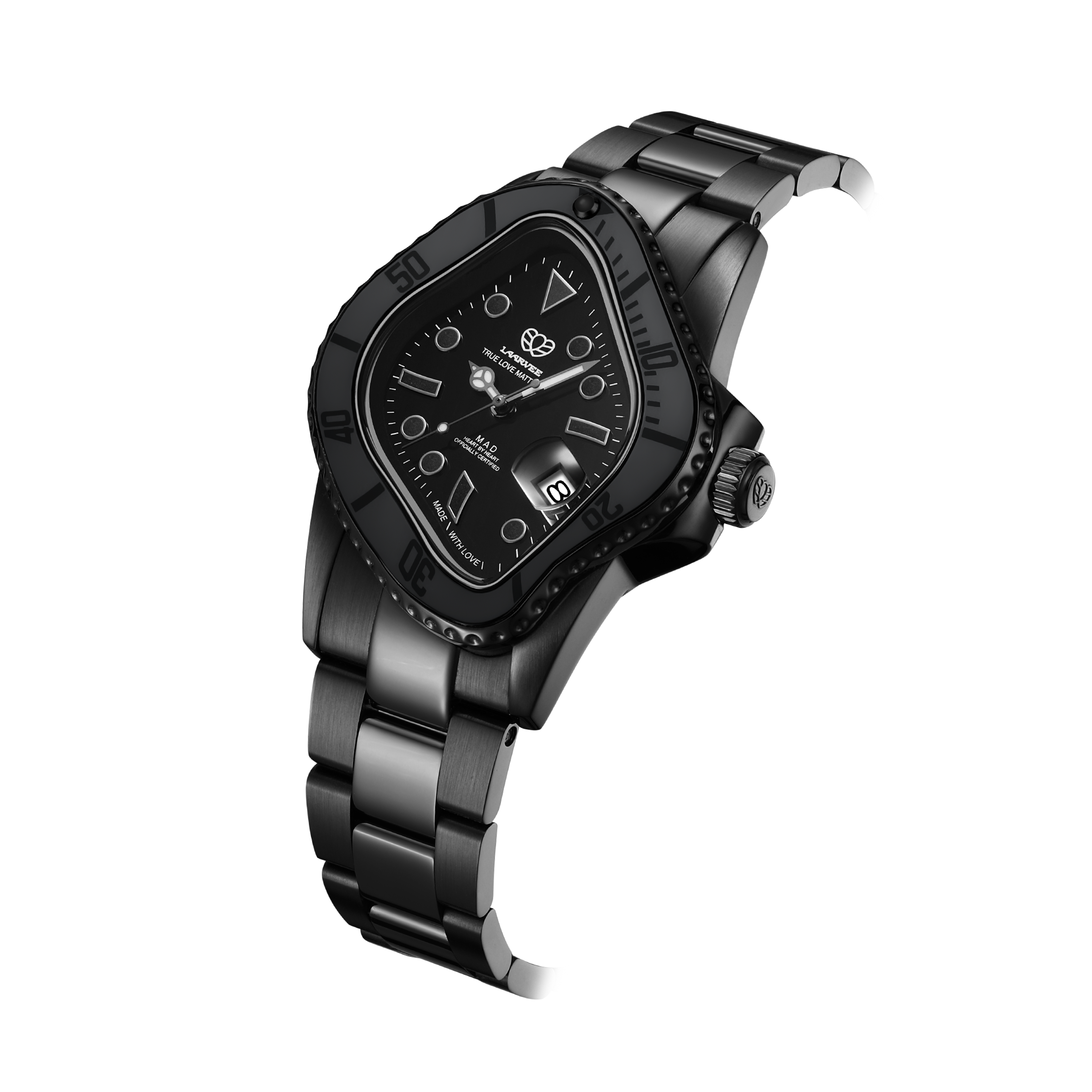 Three-quarter front view of PEA001-DLCBLK(MAD) showcasing streamlined black DLC-coated stainless steel case