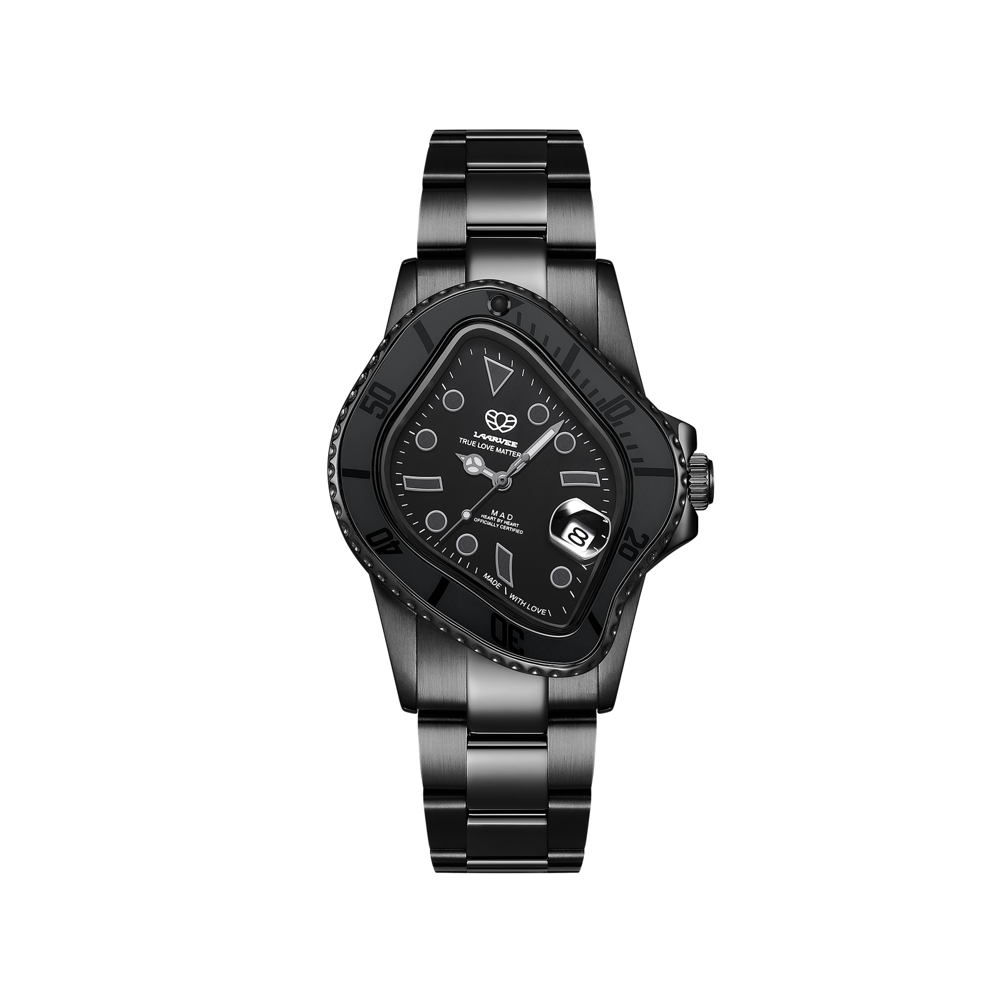 Laarvee PEA001-DLCBLK(MAD) all-black DLC men’s automatic watch front view with black ceramic bezel