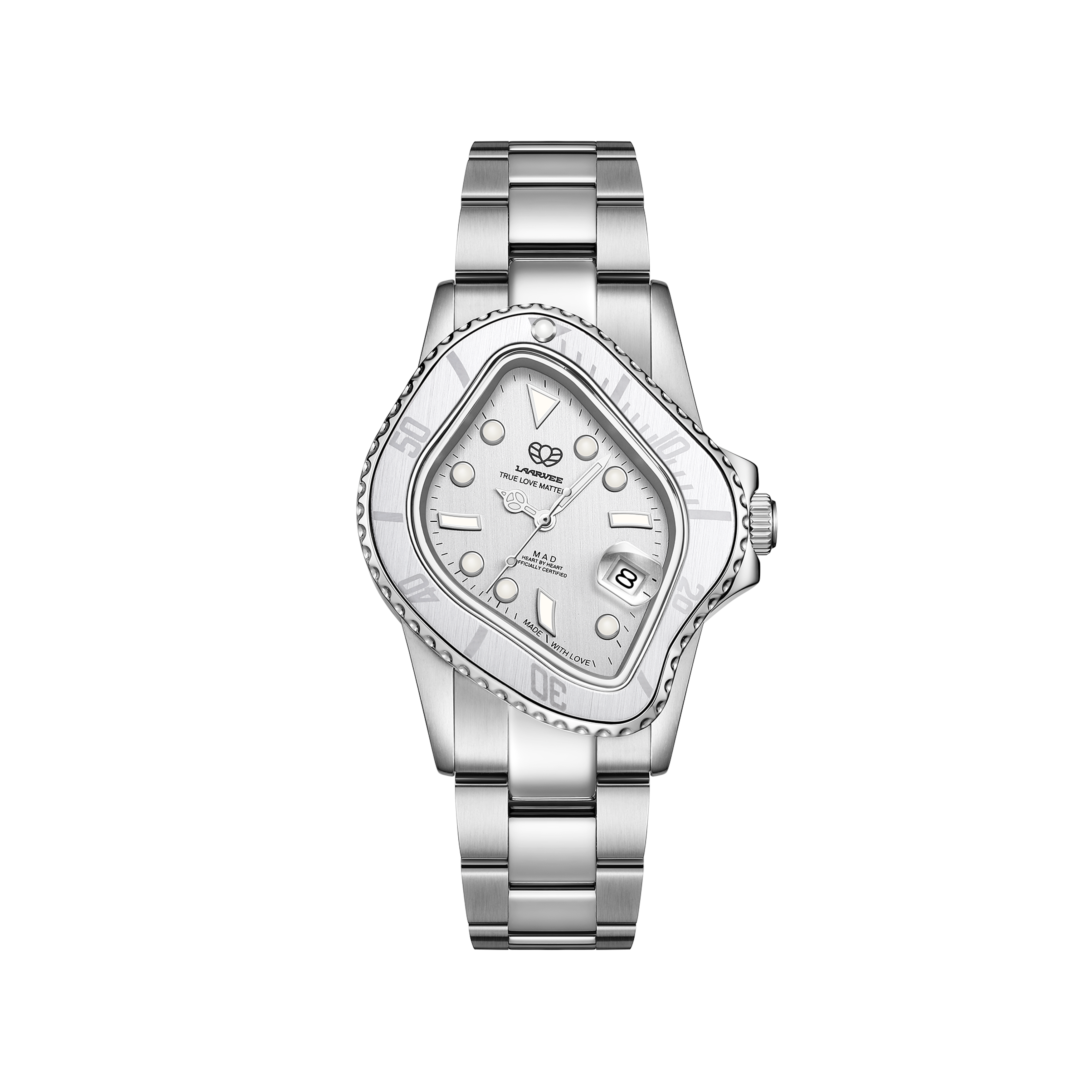 Front view of Laarvee PEA001-SILVER(MAD) automatic watch with silver brushed-steel case and white-silver bezel