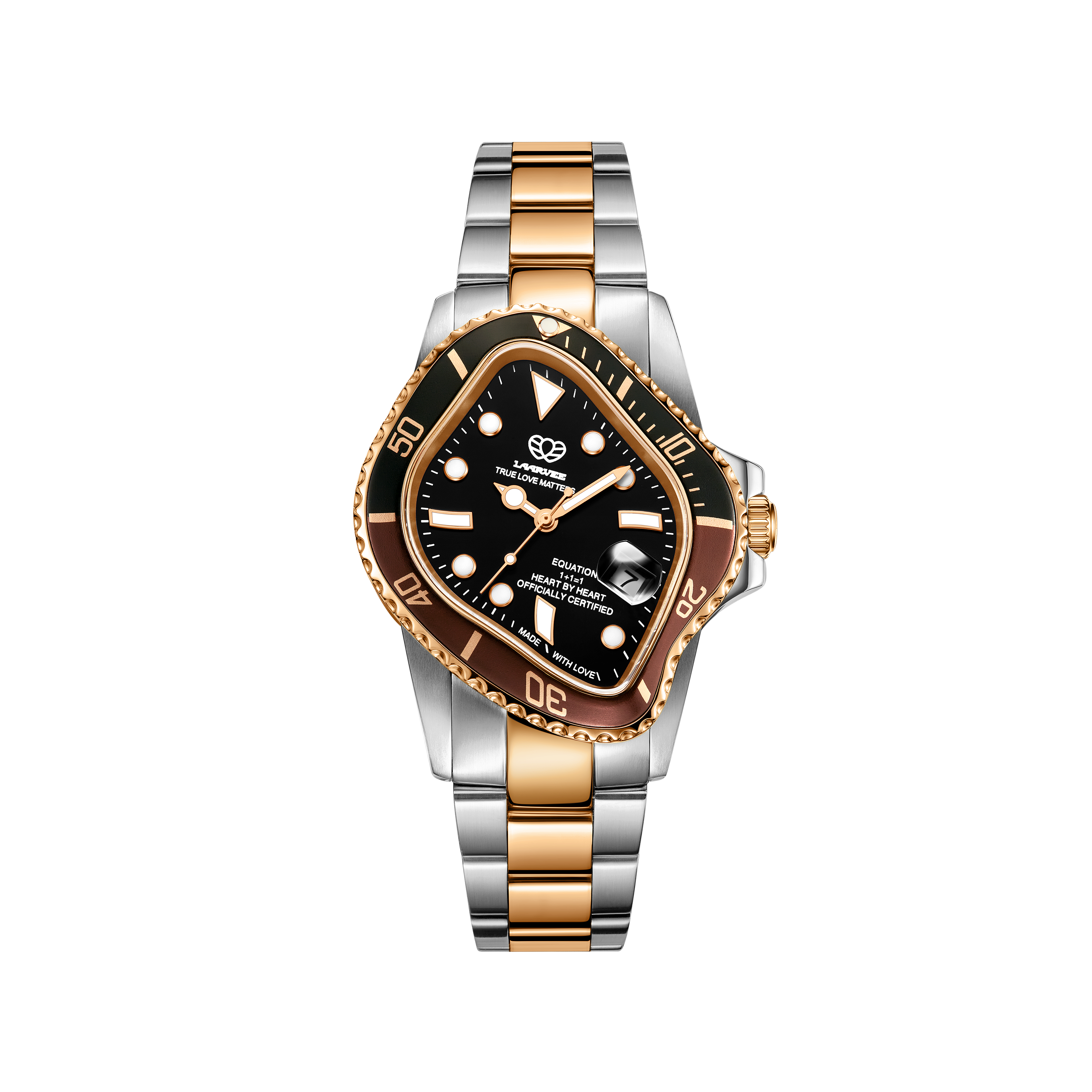 Laarvee PEA001-SRGBLKBRN luxury men’s automatic designer watch front view with rose gold and dark gold two-tone dial and silver stainless steel bracelet