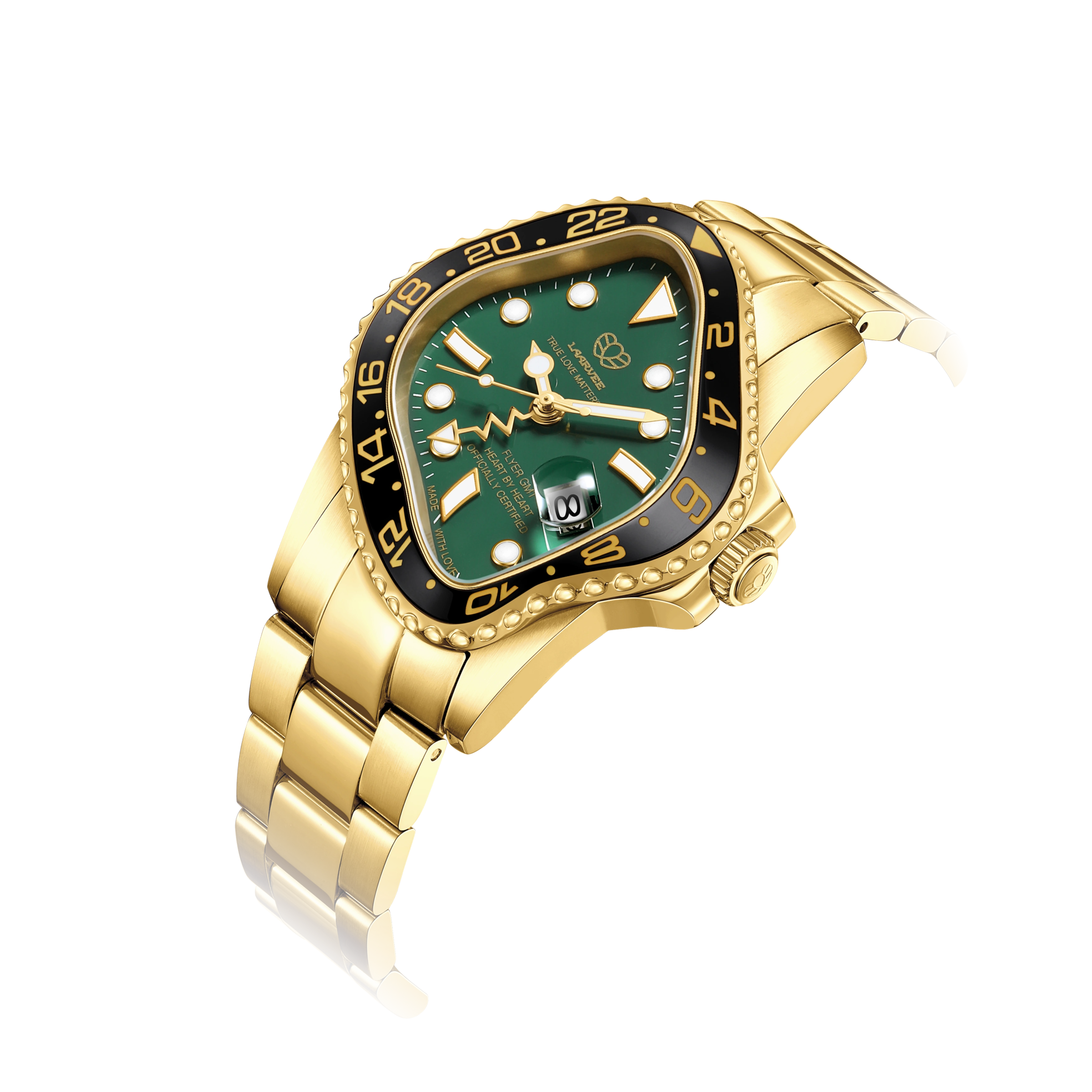 Three-quarter angle of PEA001GMT-GBLKGRN highlighting the green dial and gold precision-steel case