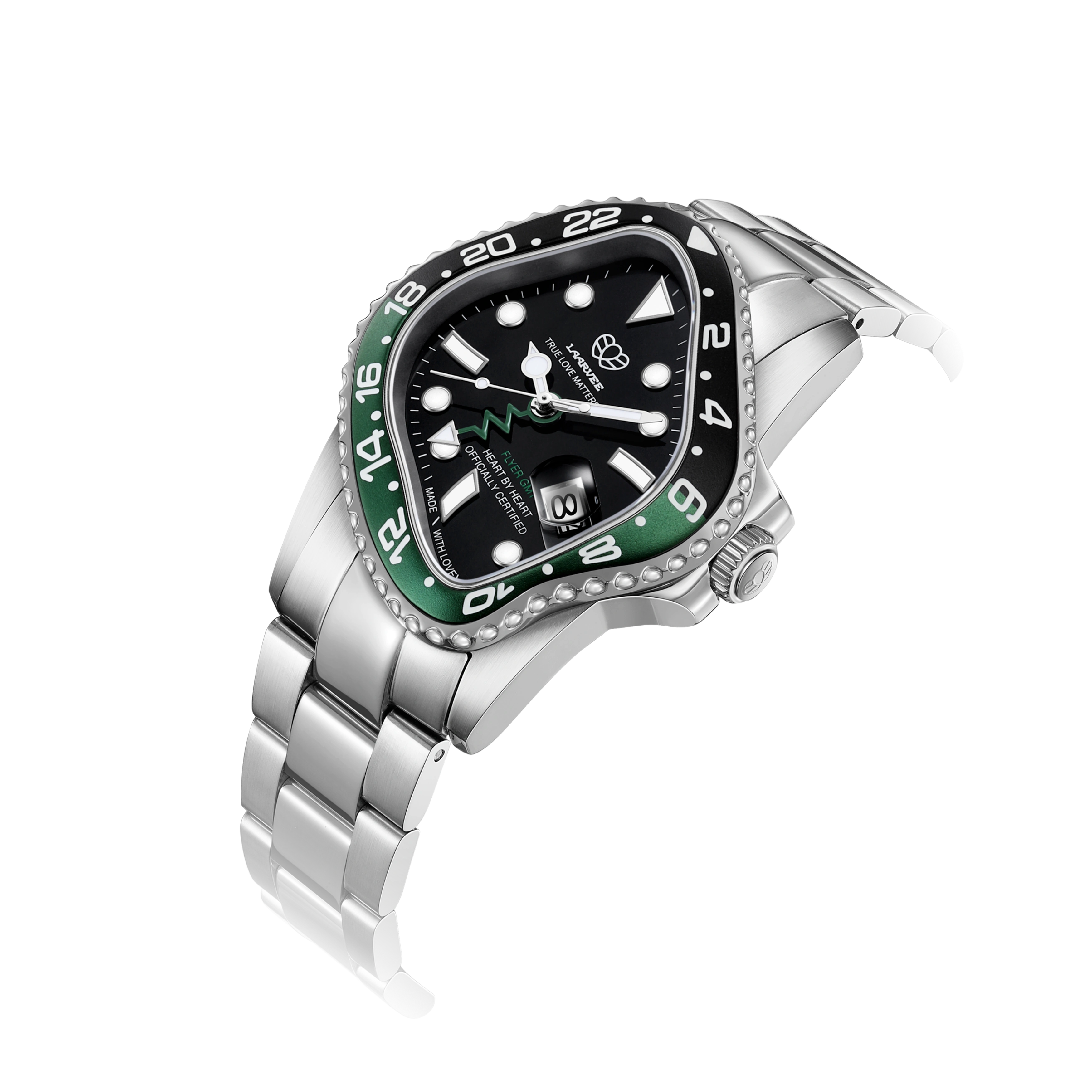 Side profile of stainless steel automatic GMT wrist watch for men PEA001GMT-SBKGNBK