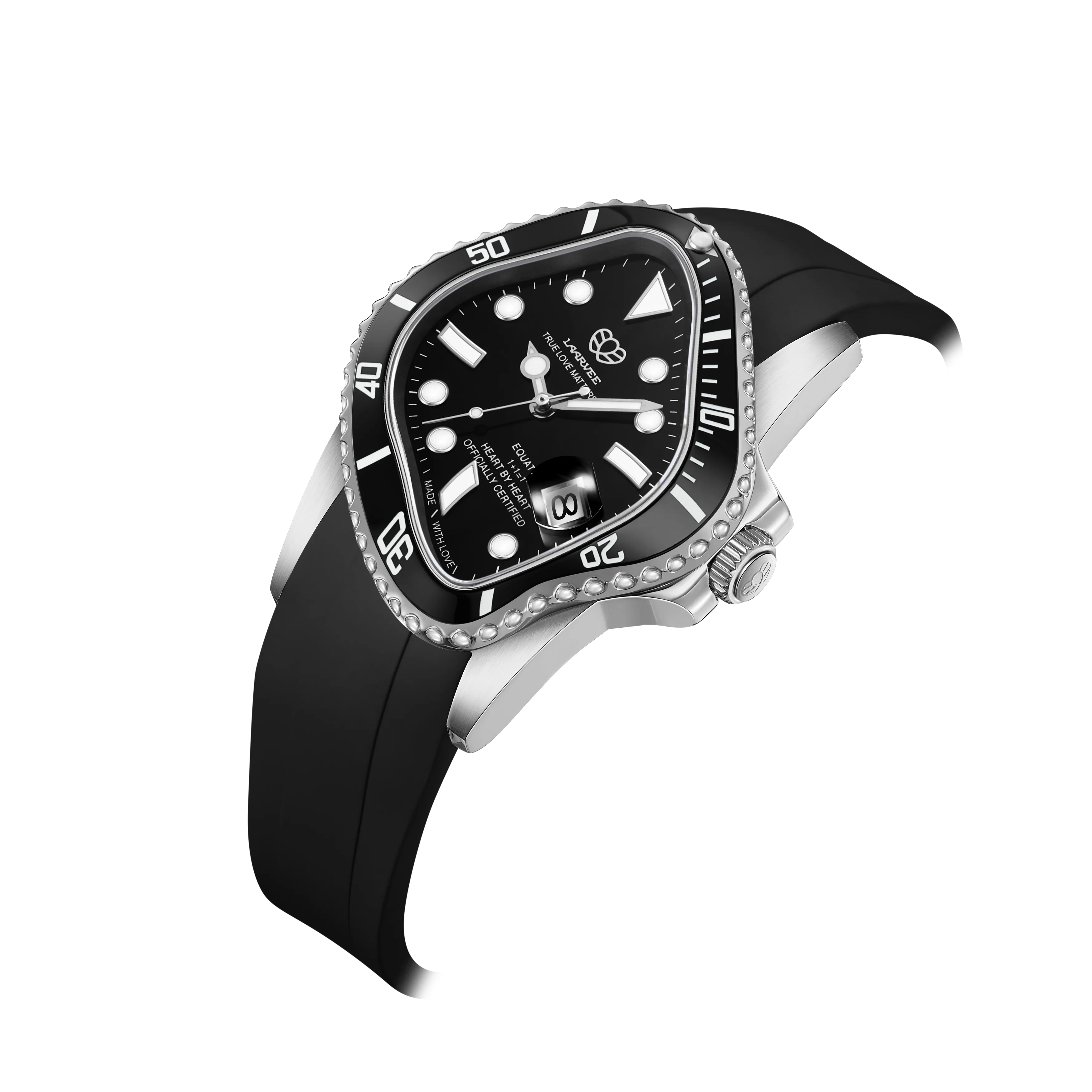 Side view of twisted bezel ceramic watch in black with crown detailing