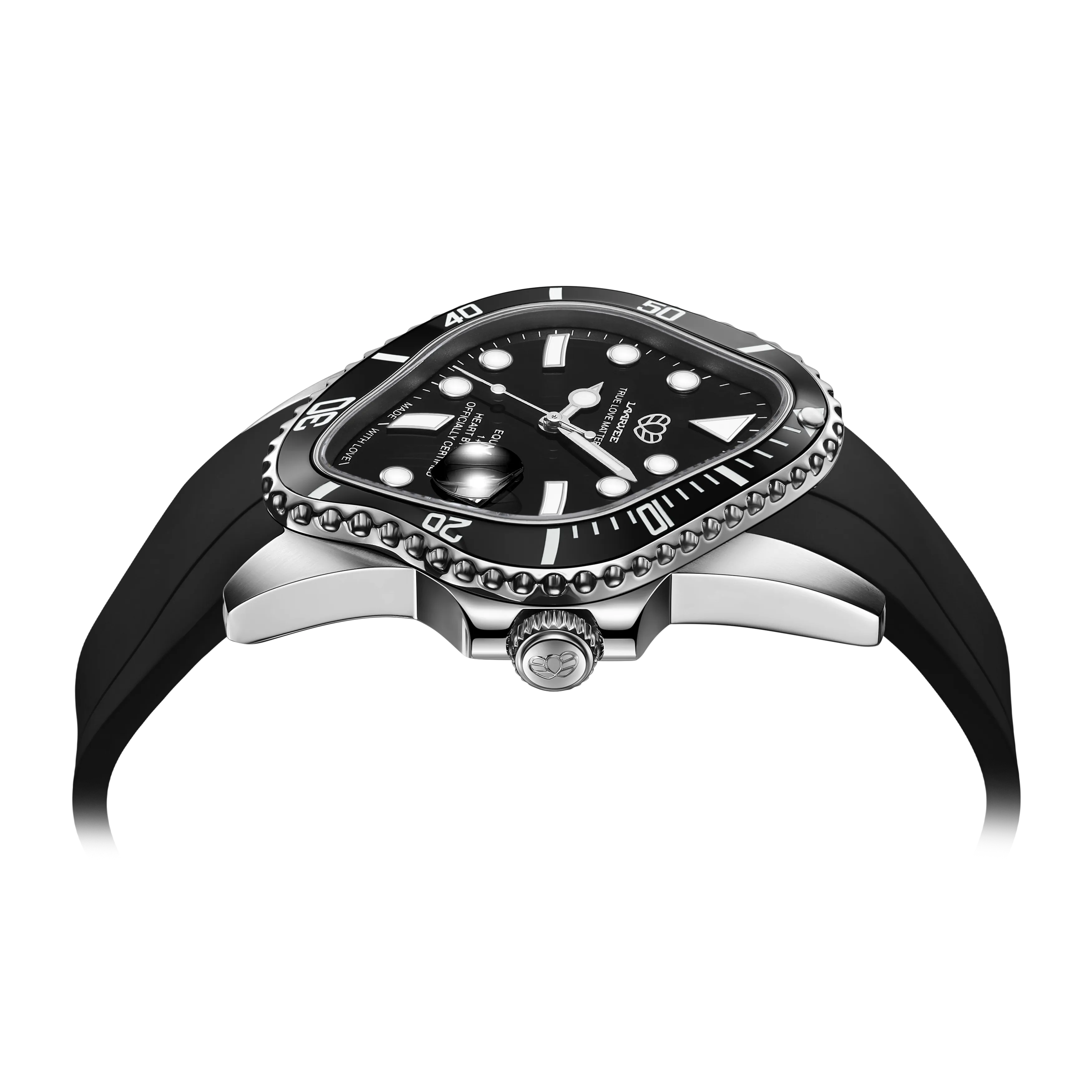 Caseback of Laarvee stainless steel watch engraved with True Love Matters