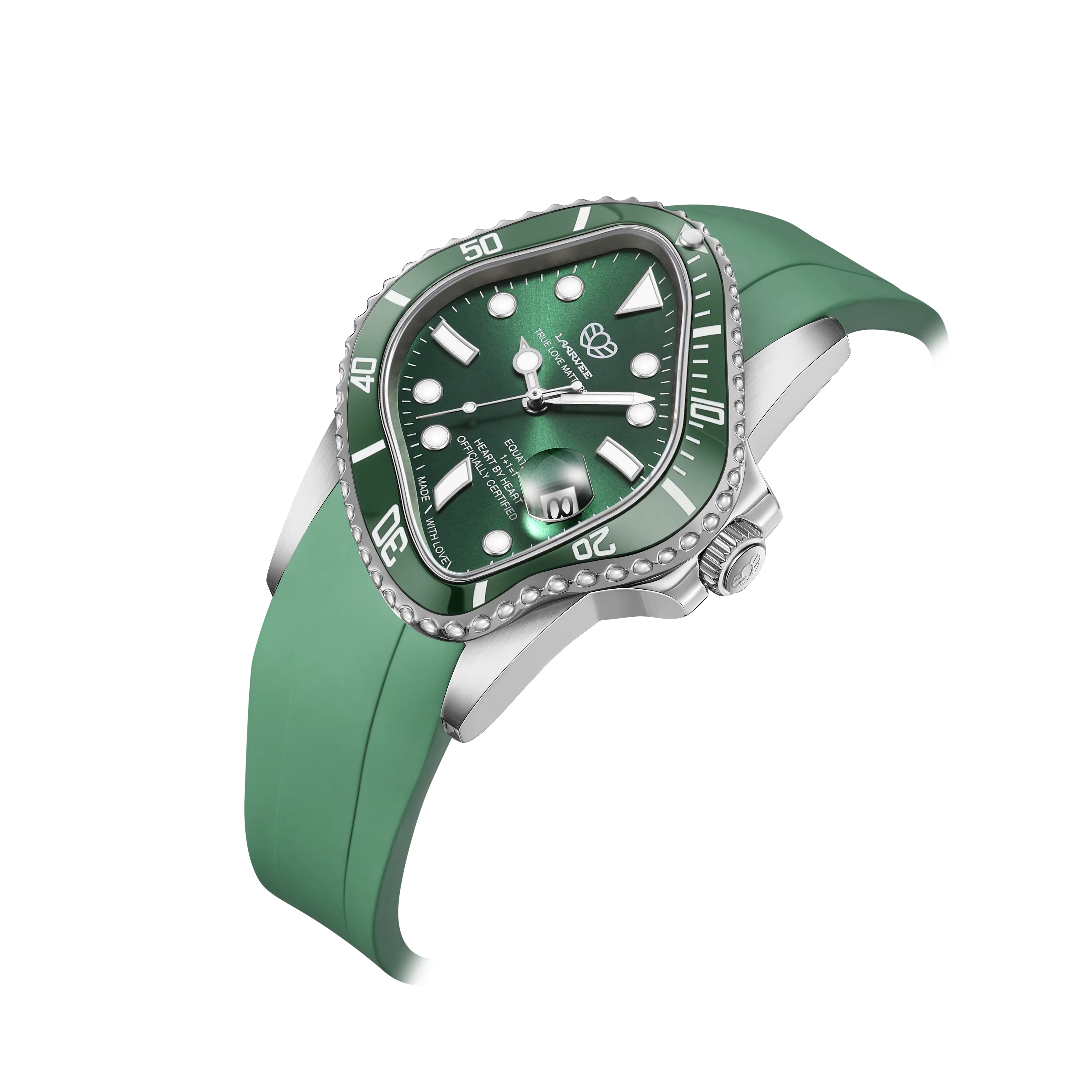Side angle of green ceramic bezel watch with twisted silhouette and rubber strap