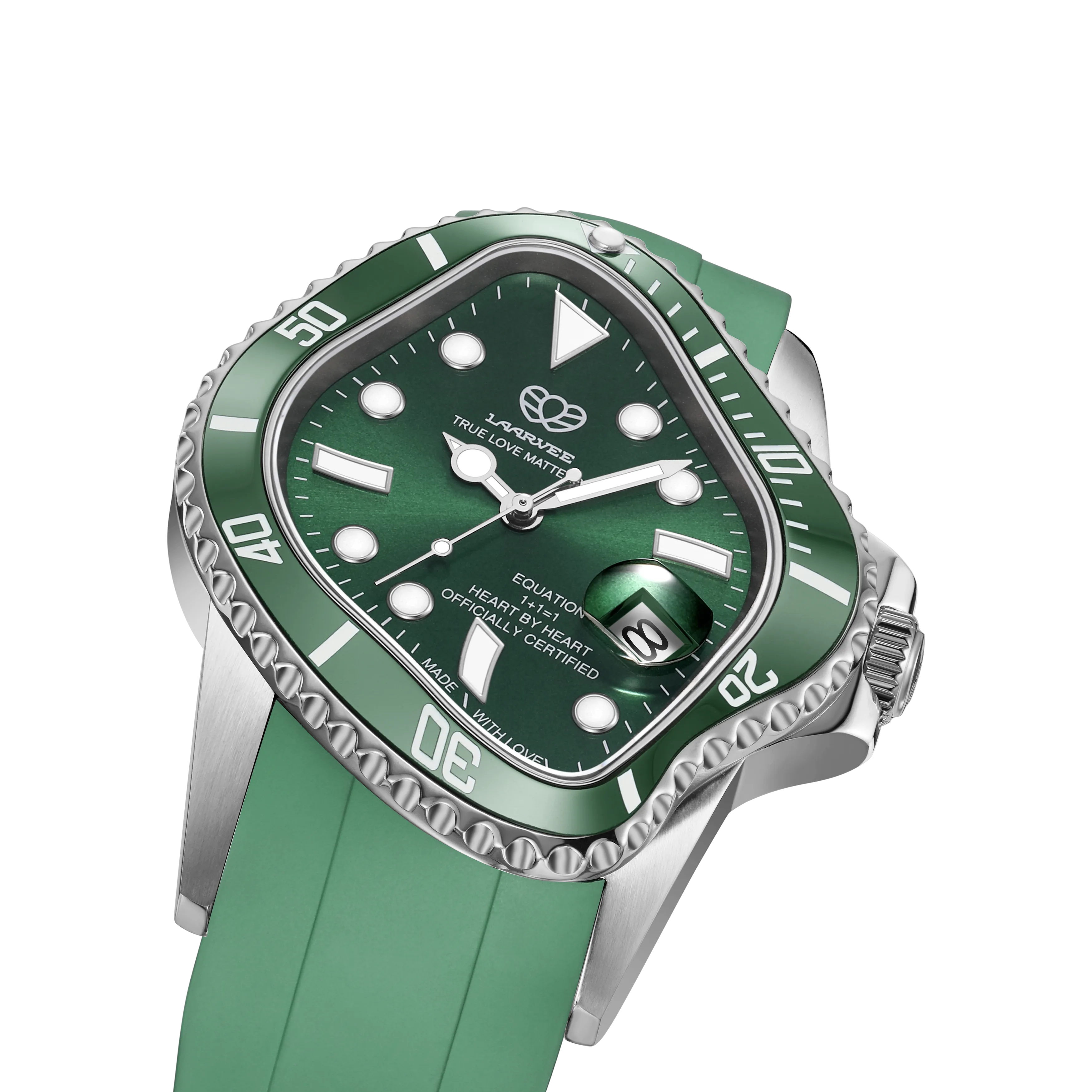 Top-down angled view of sunburst green dial automatic watch with silver markers and 10ATM rating