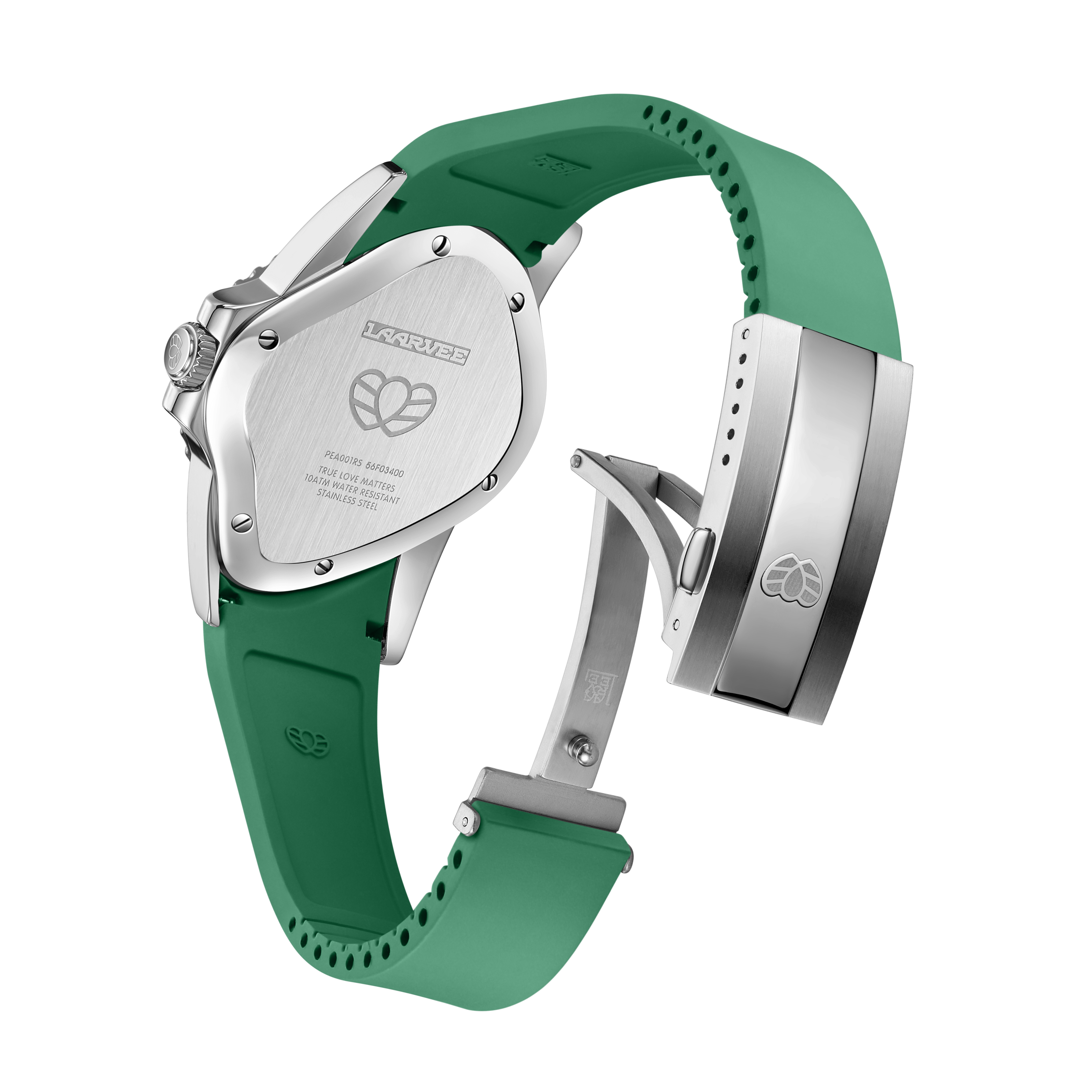 Back case detail of water-resistant green Laarvee watch with brushed steel and engraved heart logo clasp