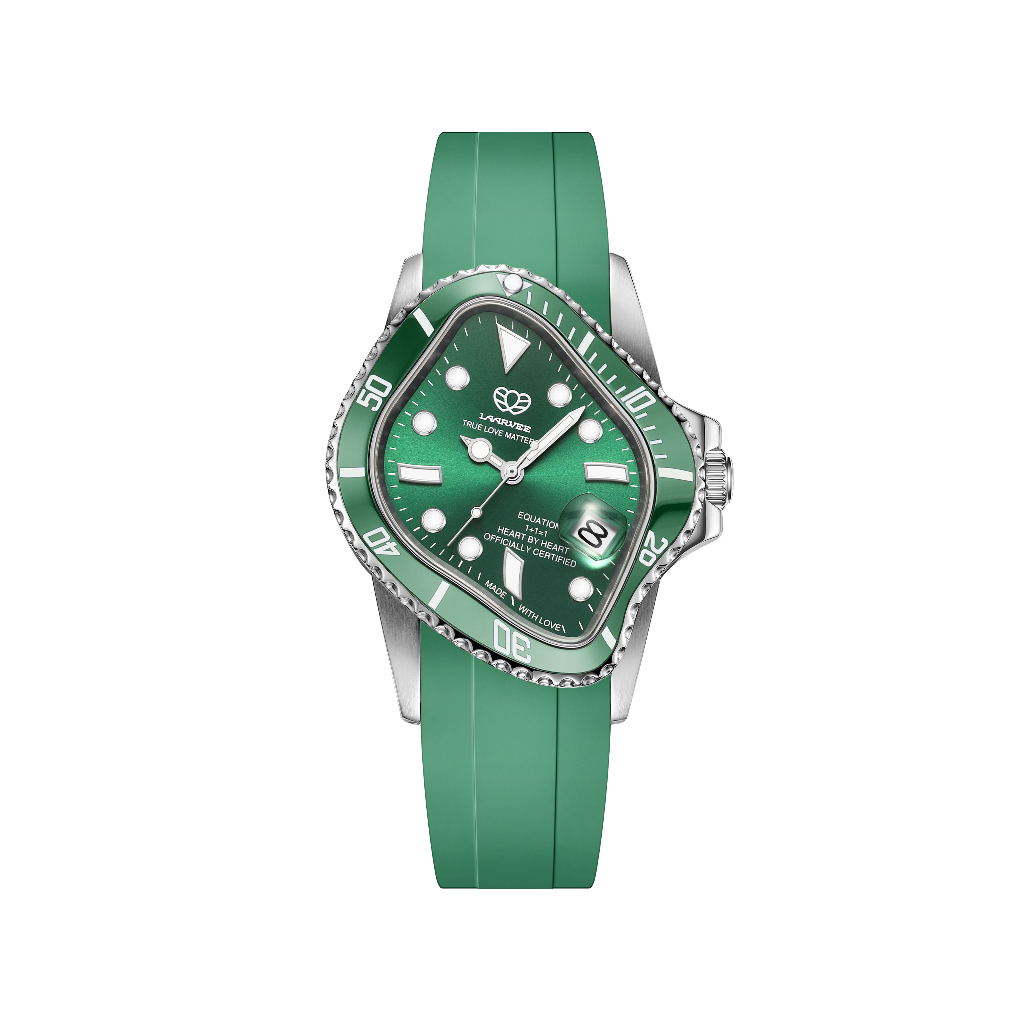 Front view of Laarvee PEA001RS-SGRN green automatic watch with sunburst dial and ceramic bezel