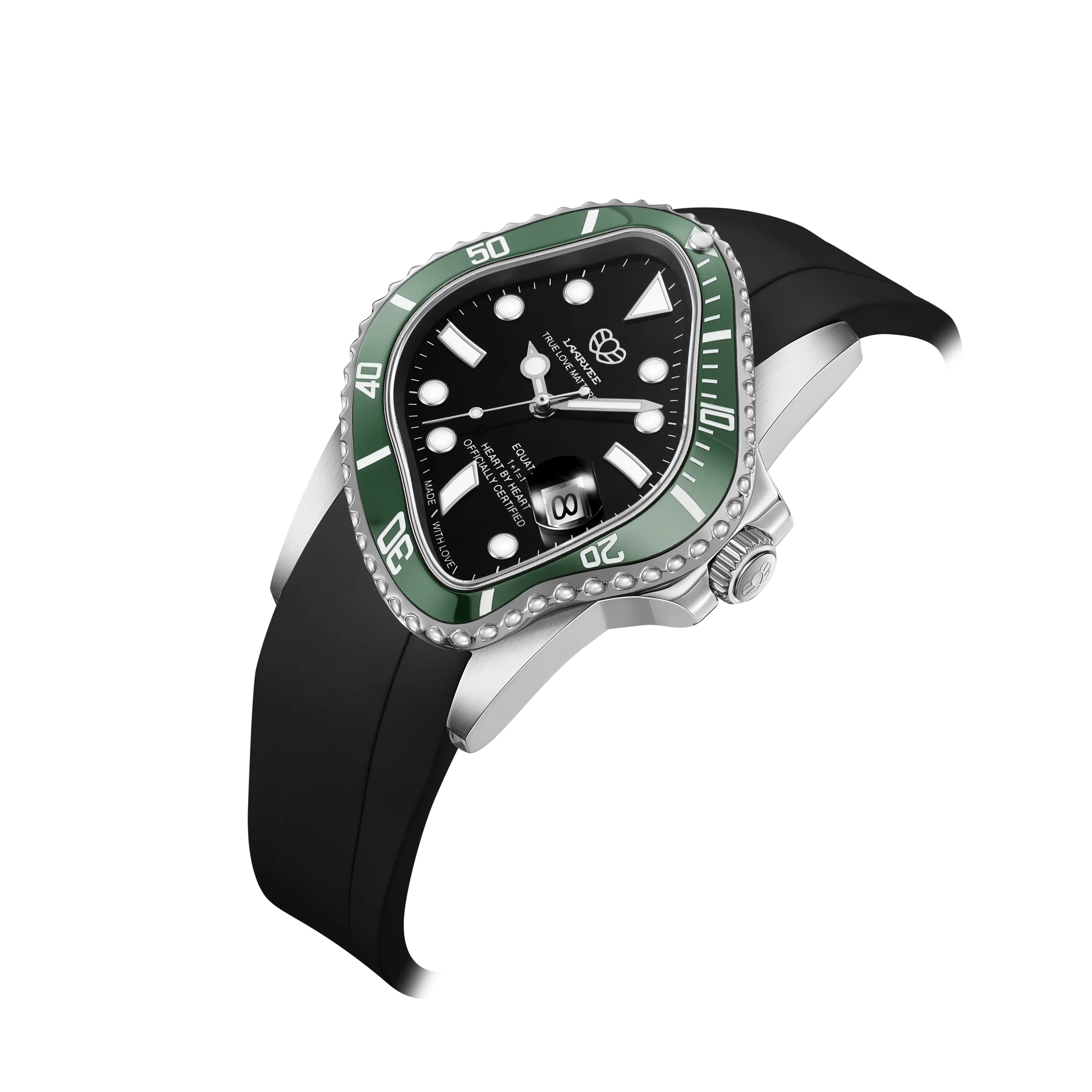 Angled shot showing twisted green bezel and silver crown on Laarvee automatic watch