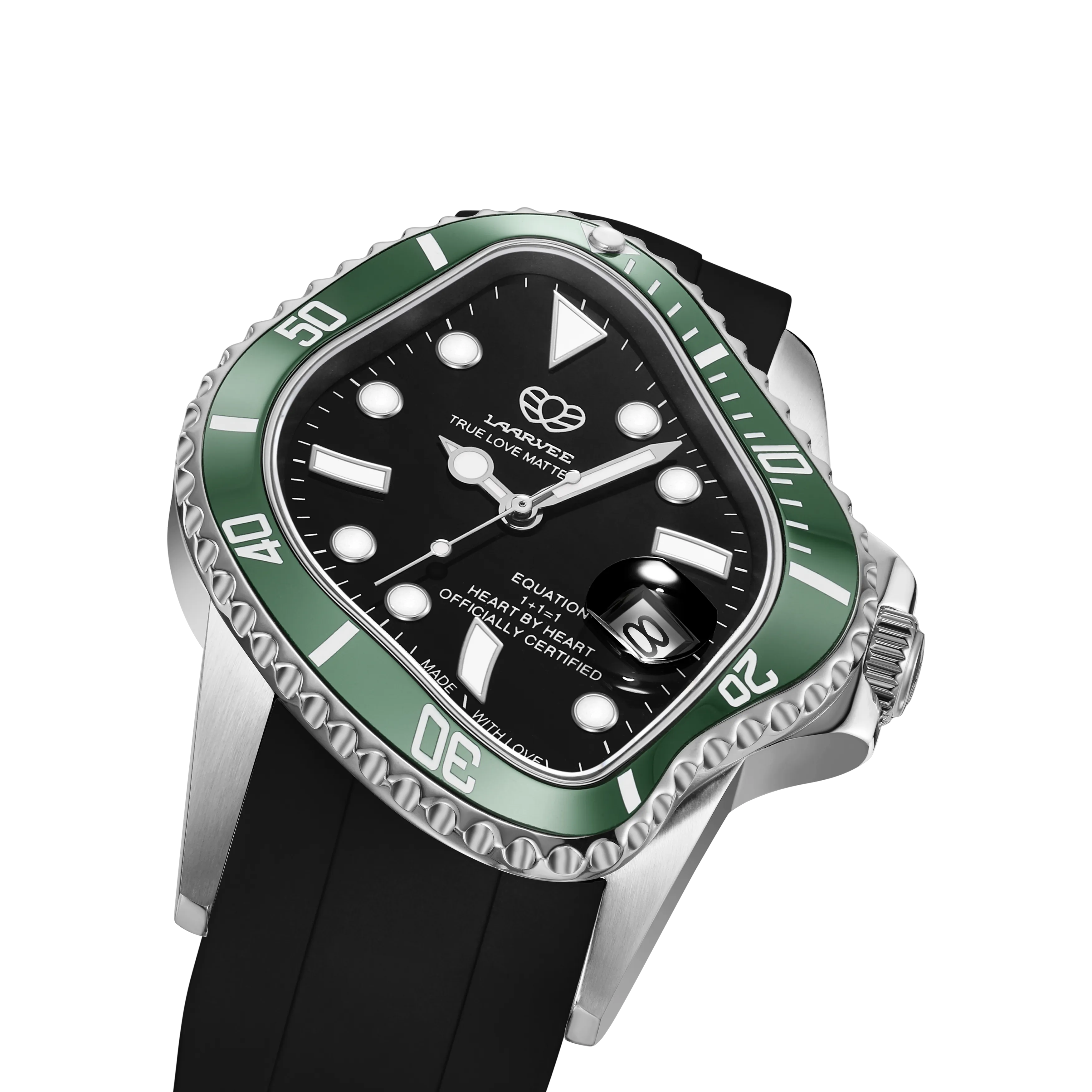 Top-down close-up of green bezel automatic mechanical watch with 10ATM waterproof rating