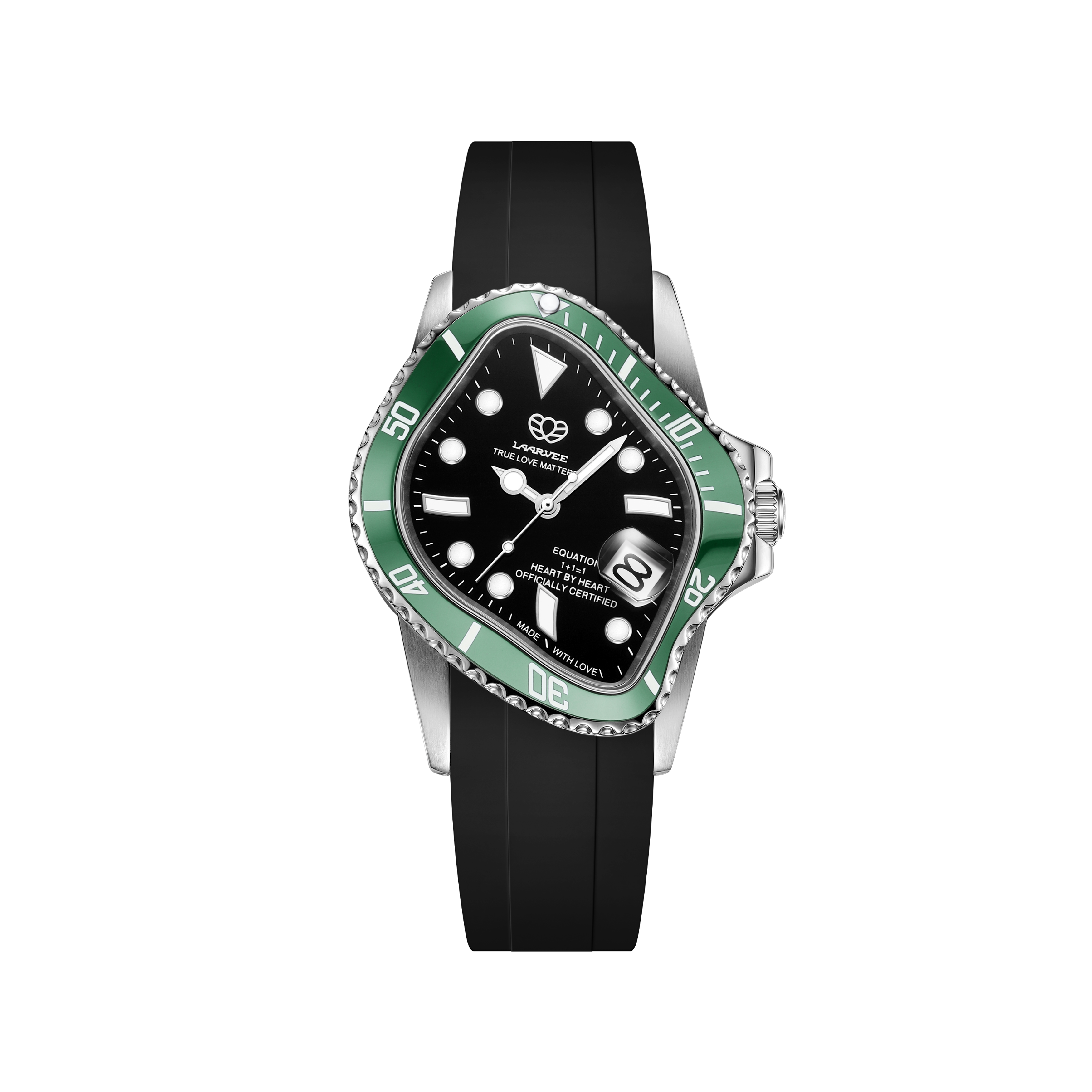 Front view of Laarvee PEA001RS-SGRNBLK automatic watch with green ceramic bezel and black dial