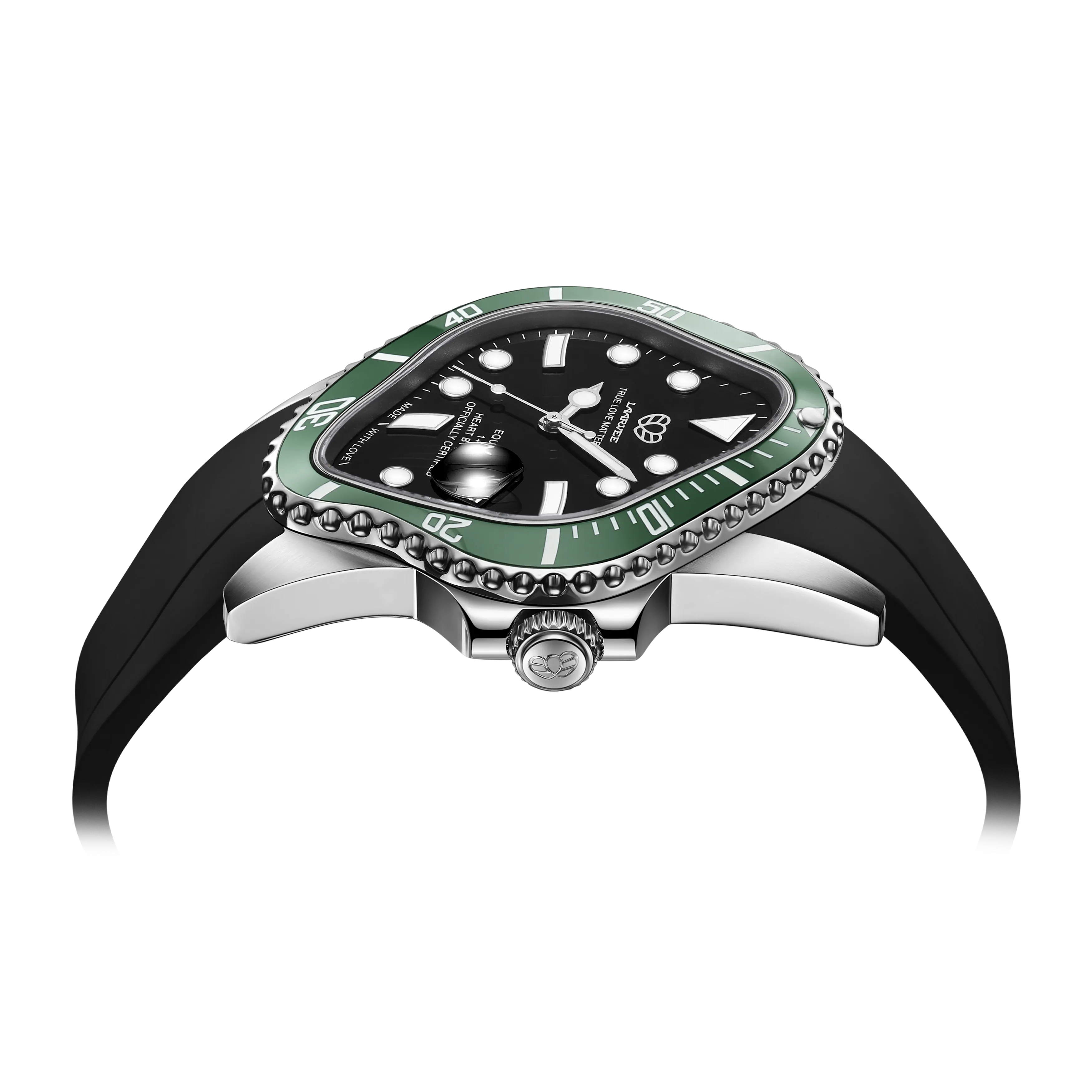 Flat-lay image of black dial green bezel watch with fluoro rubber strap and sapphire crystal