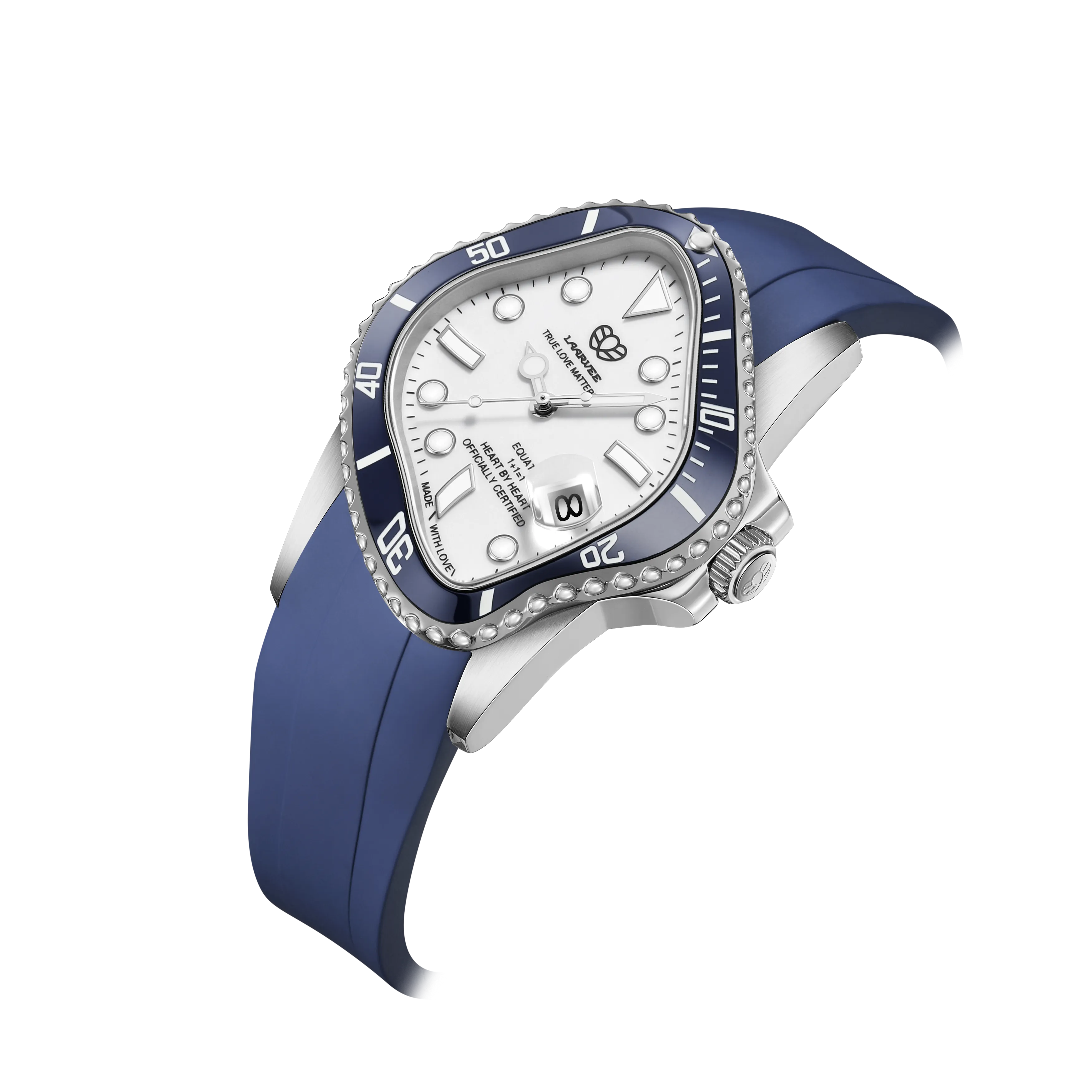 Angled shot showing twisted blue ceramic bezel and crown details on automatic movement watch
