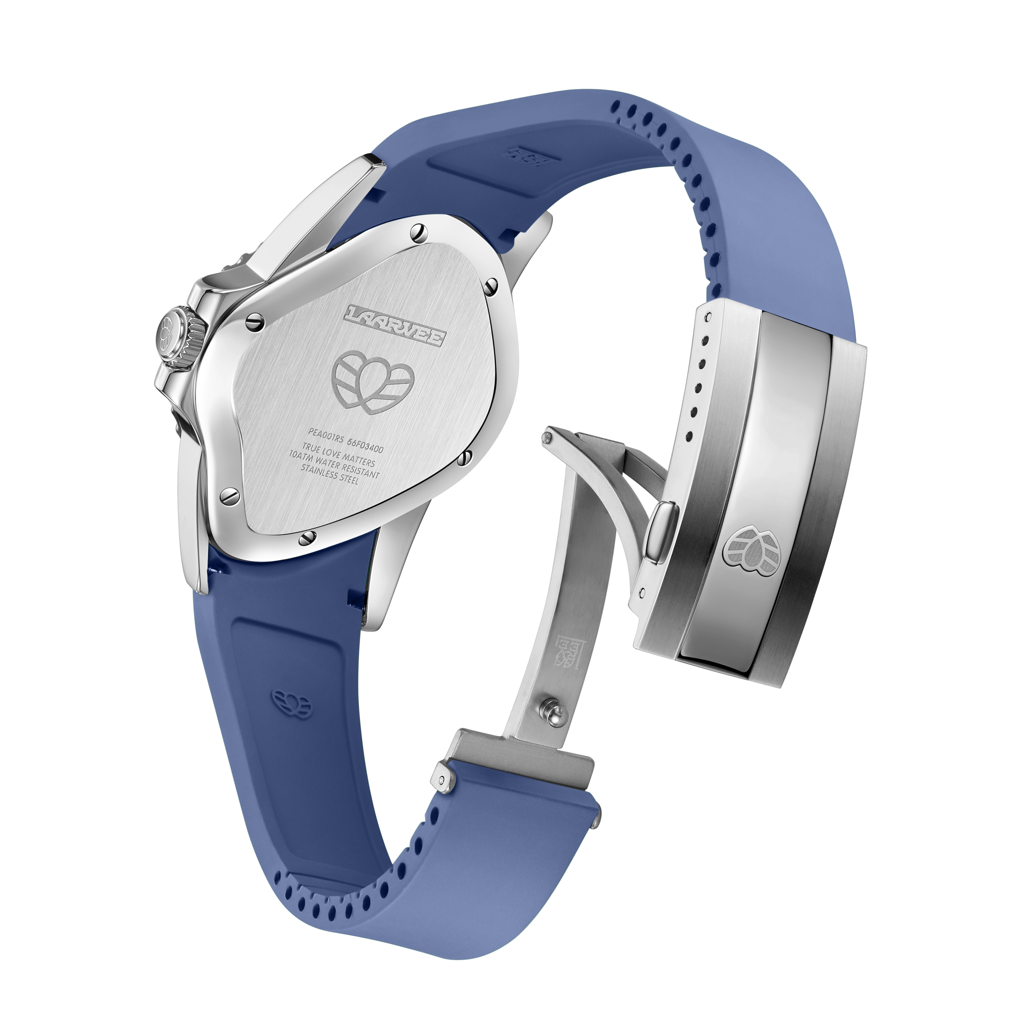 Close-up of deployment clasp on blue rubber strap for comfort-fit wristwatch