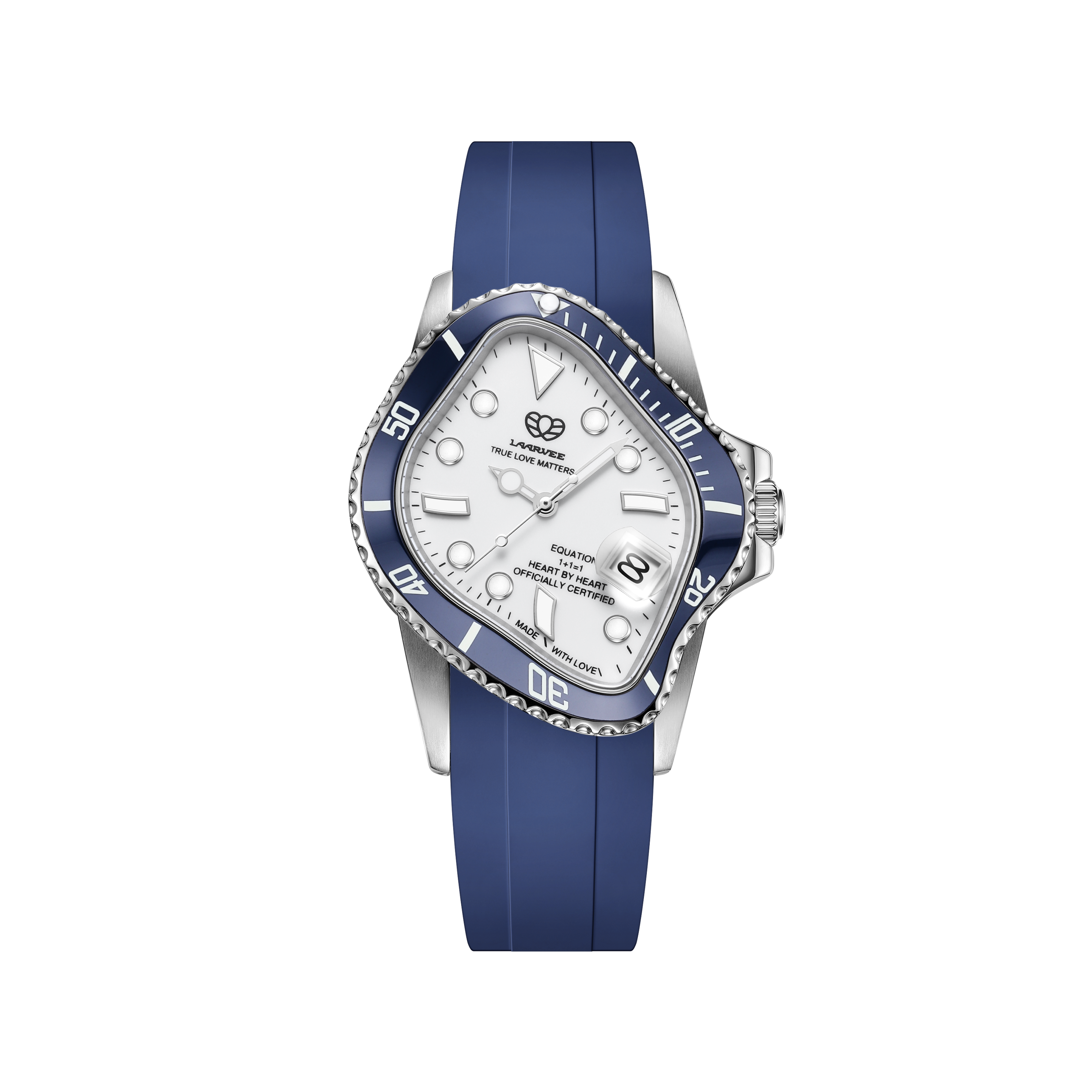Front view of Laarvee watch with blue rubber strap, silver dial, and heart-shaped logo