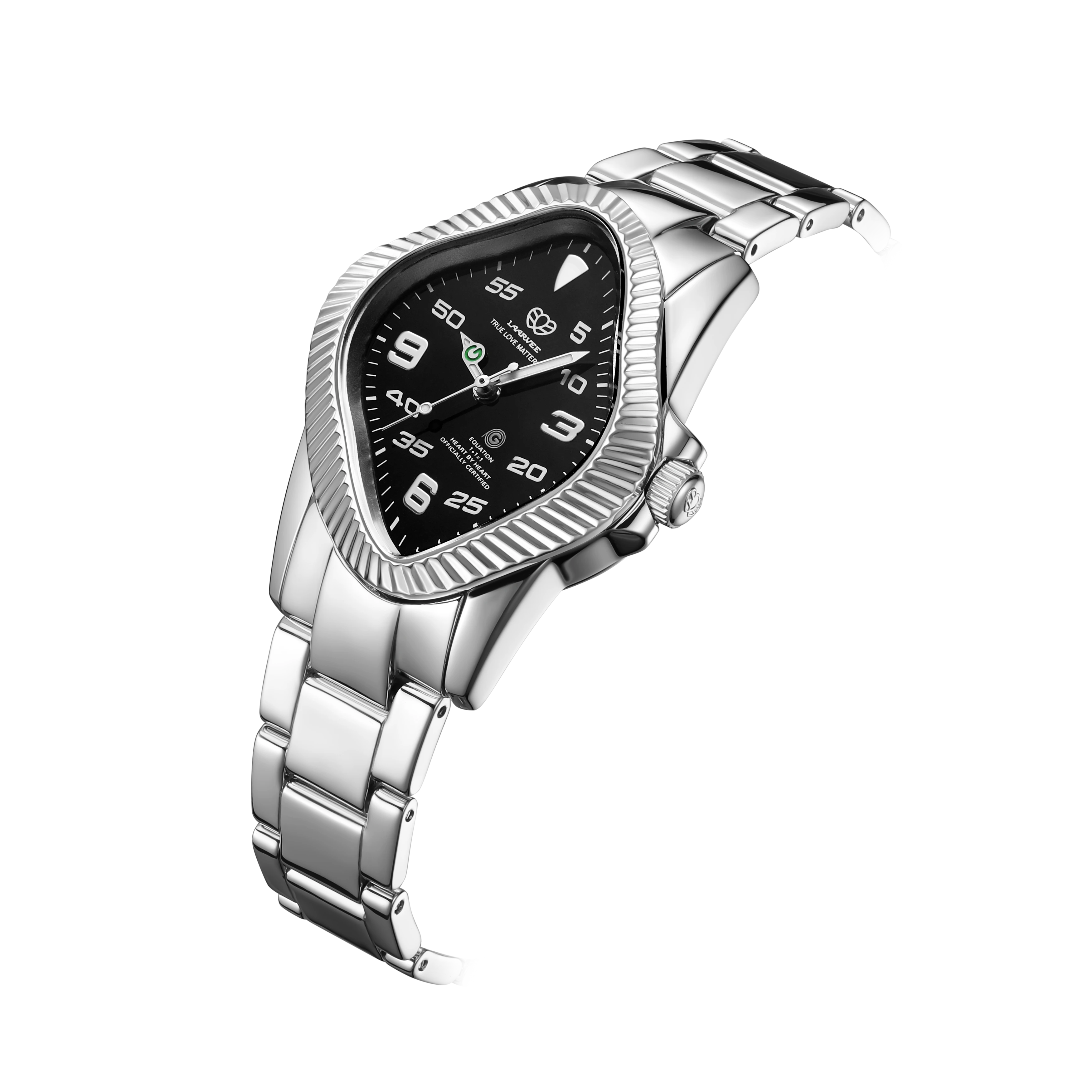 Angled view of PEA106-PGY showcasing curved crystal and sterling silver bracelet  
